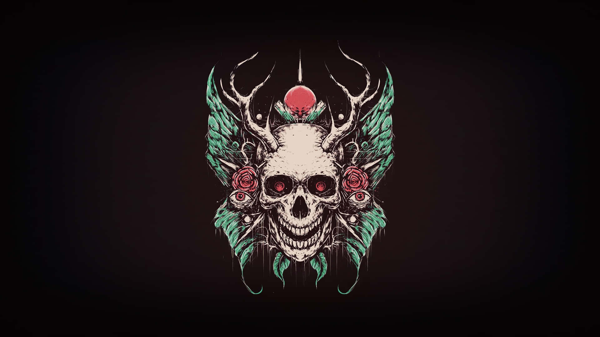 dark skull, antlers, green wings, Full HD Desktop Wallpaper