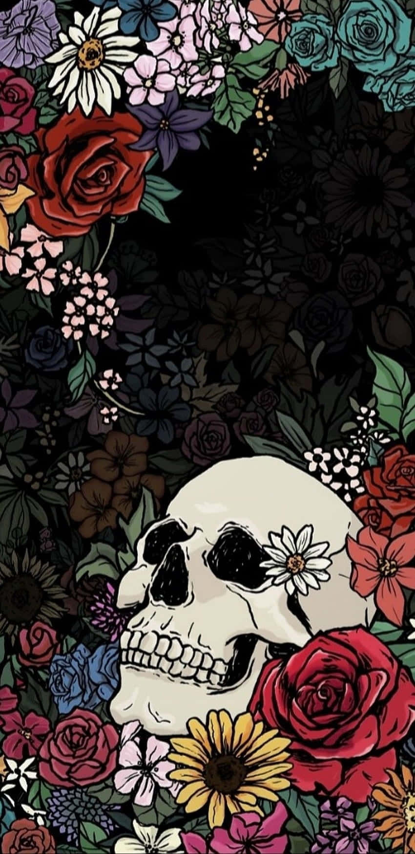 white skull, daisies, vibrant red roses, HD Phone Wallpaper