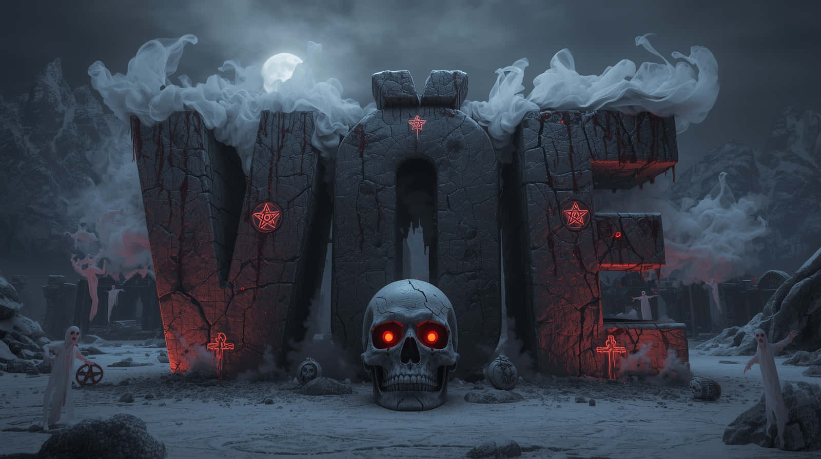 demonic horned skull, hellish mountain landscape, cracked stone 'W', HD Desktop Wallpaper