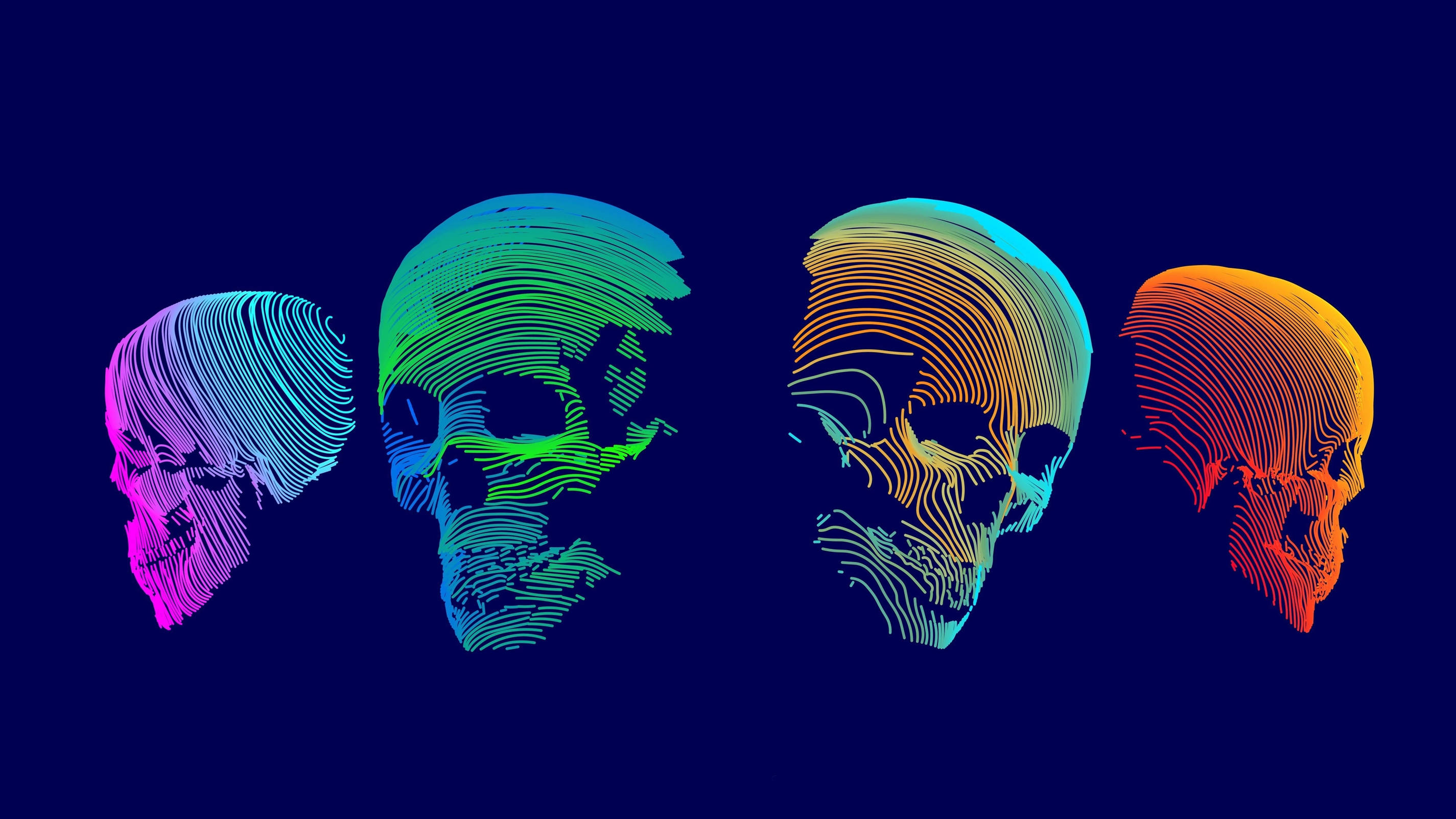 colorful skull, neon gradients, deep blue background, 2K Desktop Wallpaper