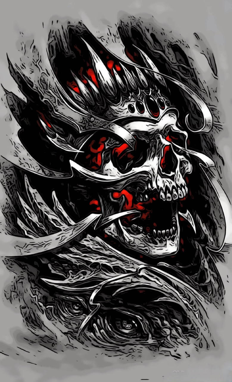 red and white gangster skull, glowing red eyes, jagged metallic wings, HD Phone Wallpaper