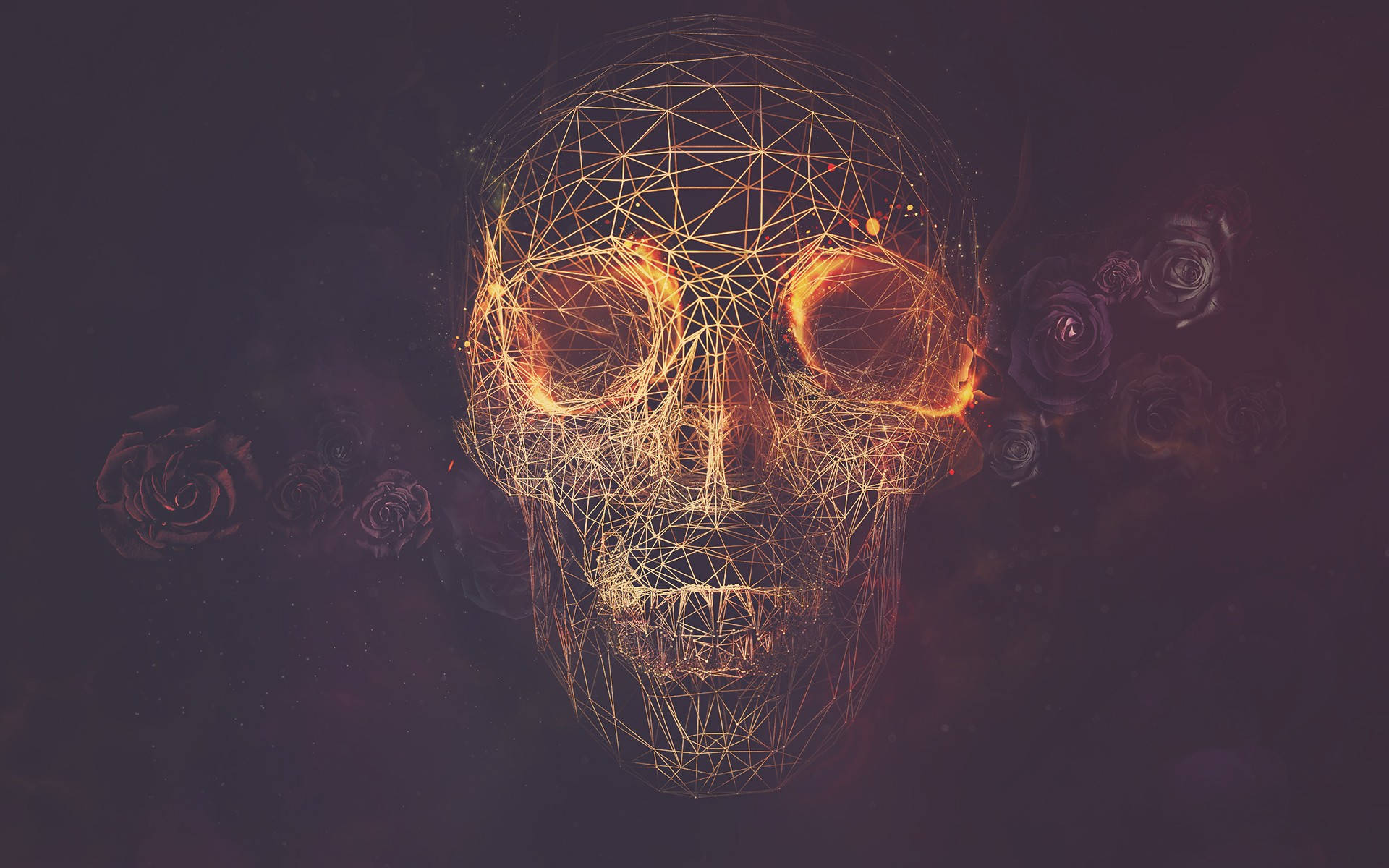 gold skull, wireframe skull, fiery eyes, Full HD Desktop Wallpaper
