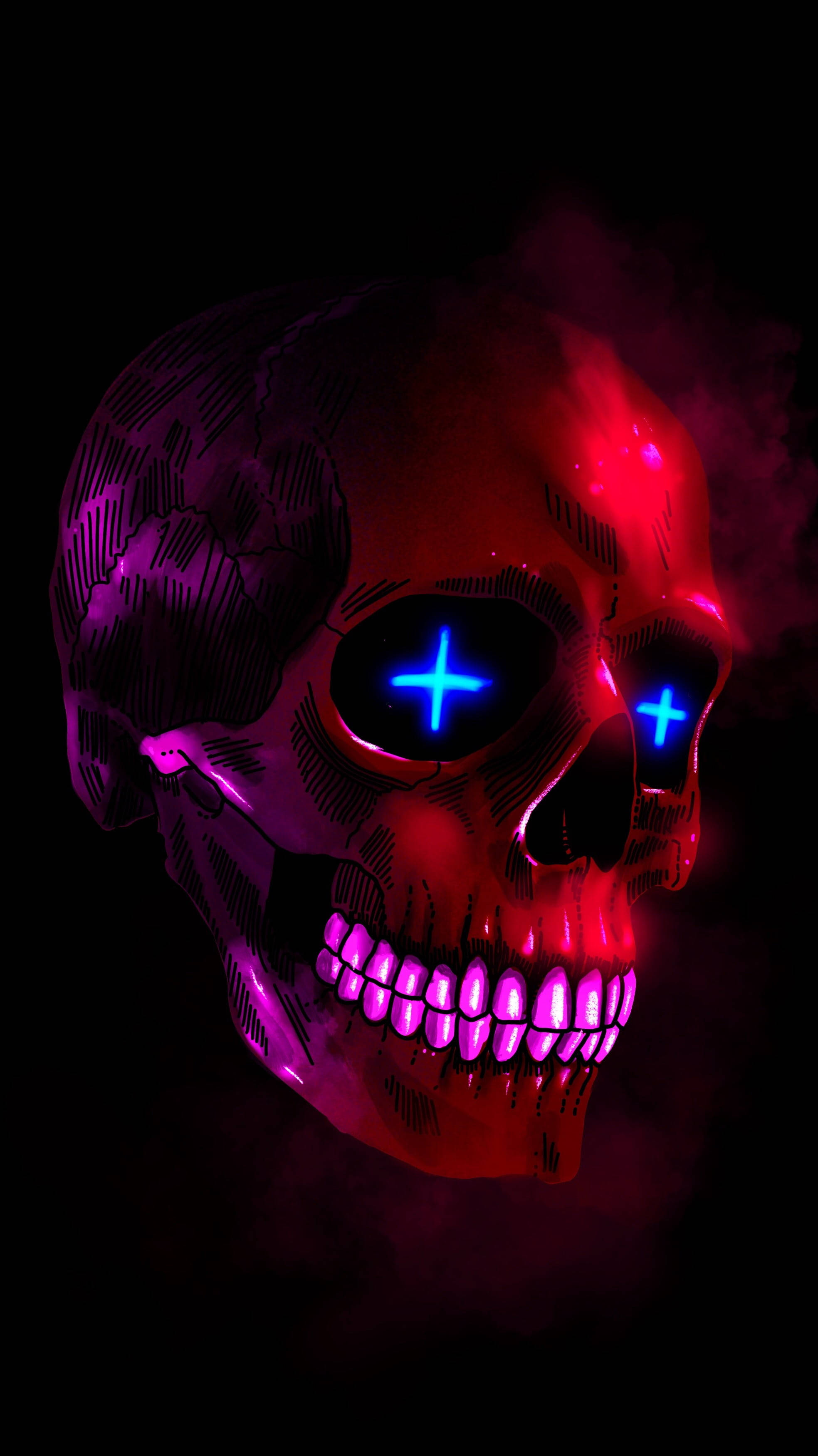 pink and red gangster skull, blue cross eyes, purple teeth, 2K Phone Wallpaper