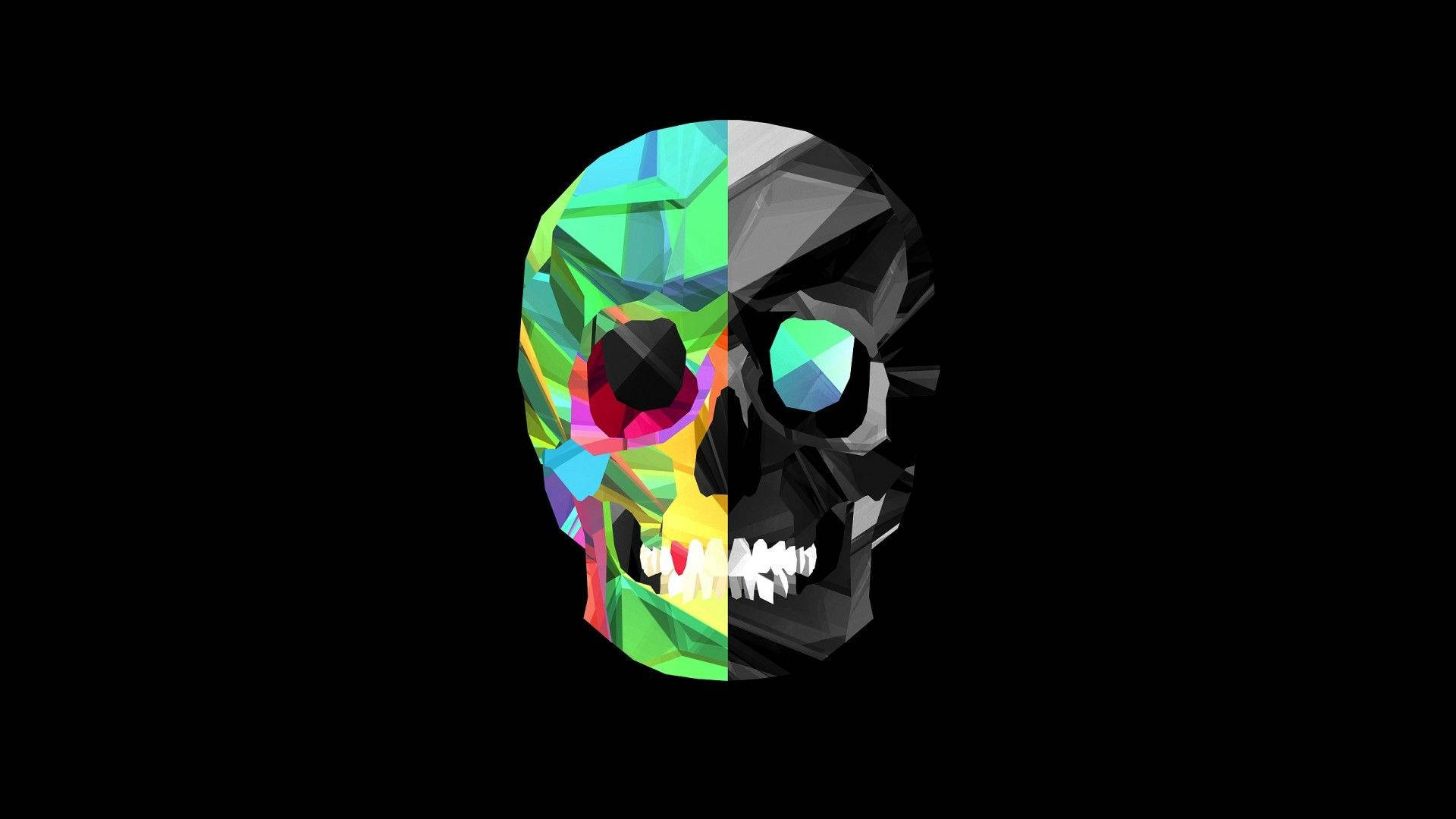 colorful skull, shades of green, stylized skull, Full HD Desktop Wallpaper