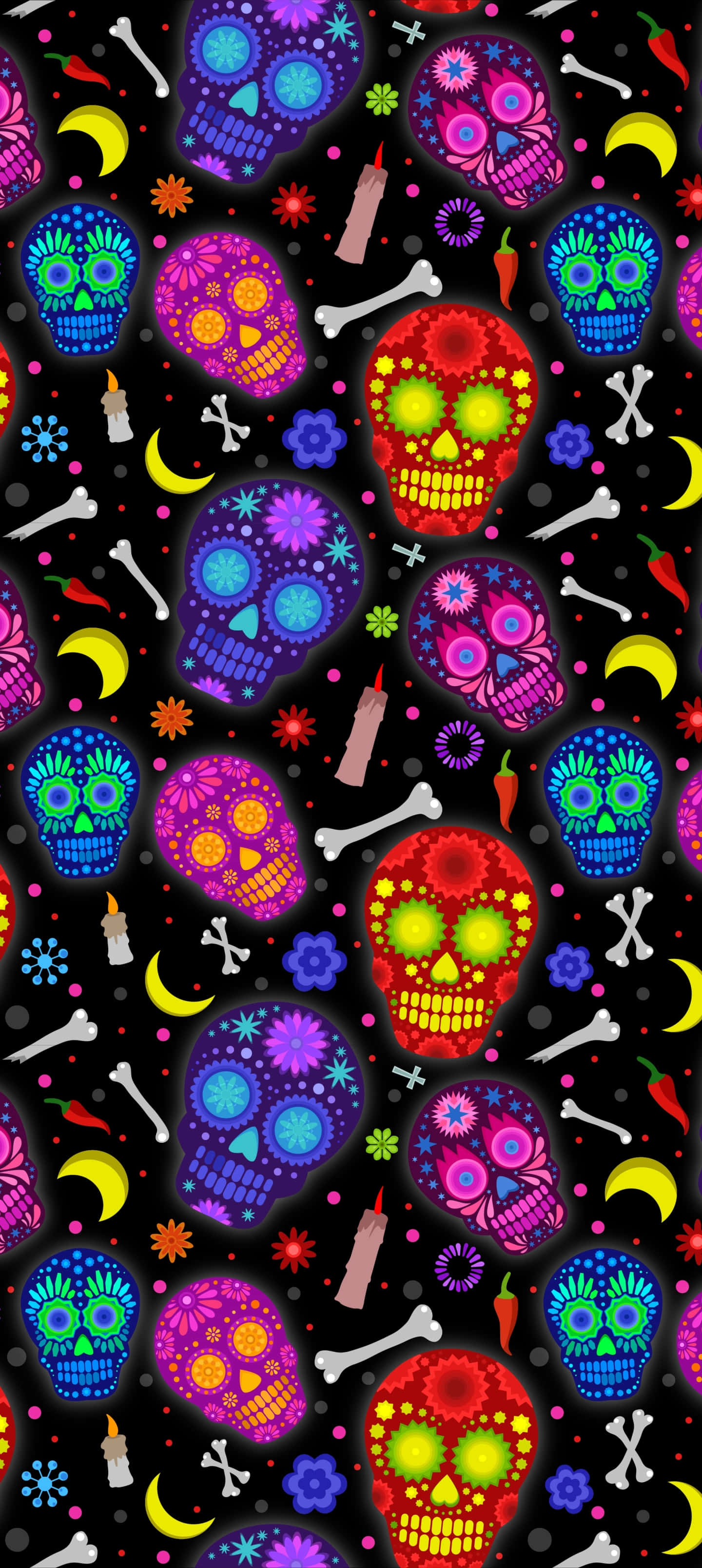 skull phone, sugar skulls, black background, 2K Phone Wallpaper