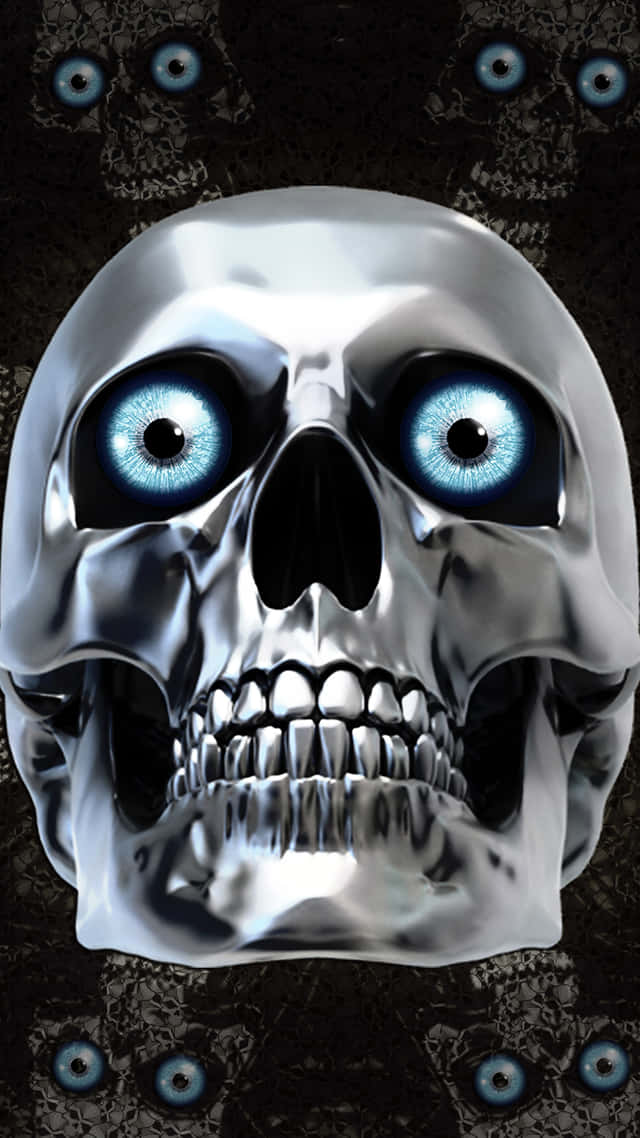 skull phone, metallic skull, glowing blue eyes, SD Phone Wallpaper