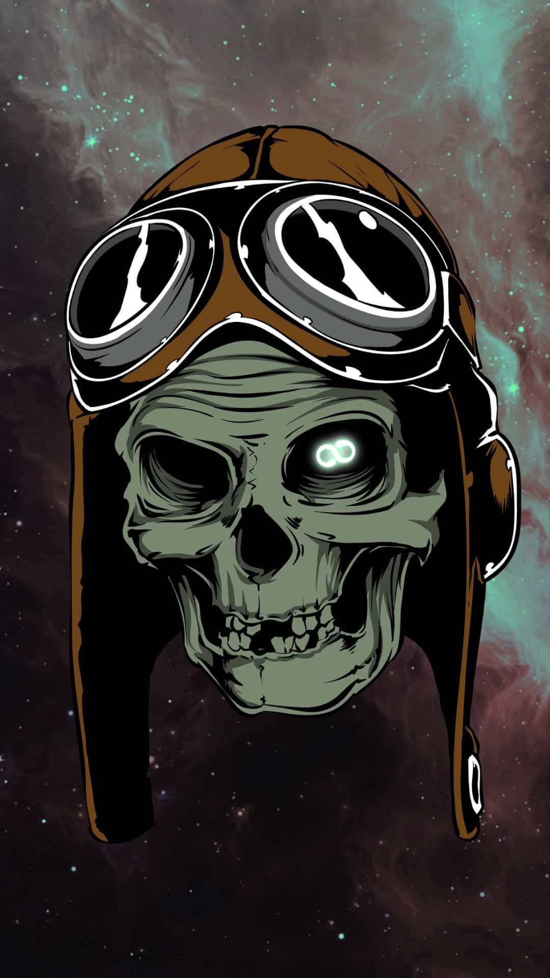 skull phone, vintage aviator goggles, cosmic nebula, Full HD Phone Wallpaper
