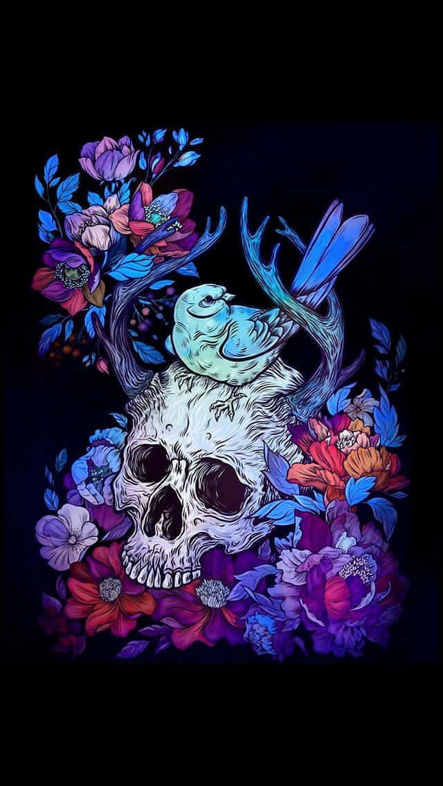 Skull Phone, glowing skull, vibrant purple and blue flowers, SD Phone Wallpaper
