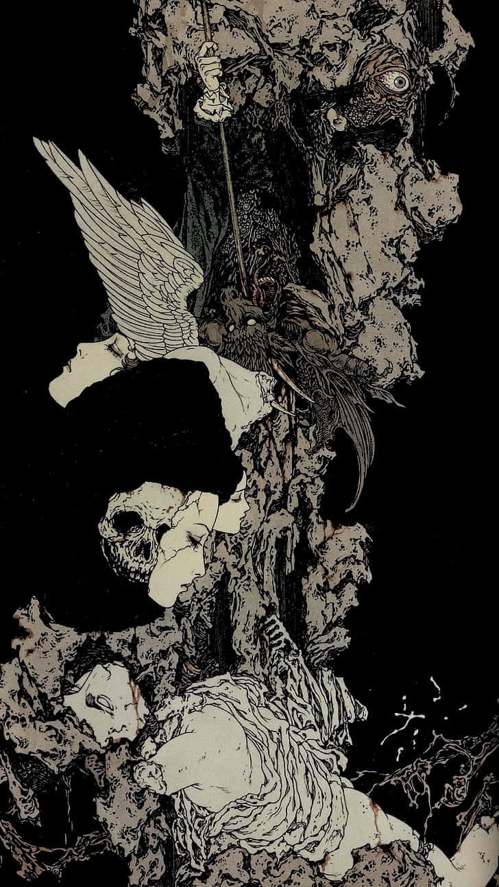 Skull Phone, black and white illustration, winged figure, HD Phone Wallpaper