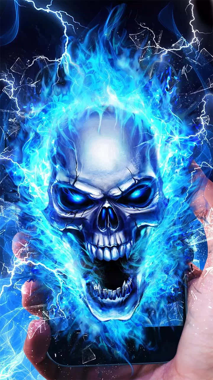 flaming skull, electric blue flames, lightning, HD Phone Wallpaper