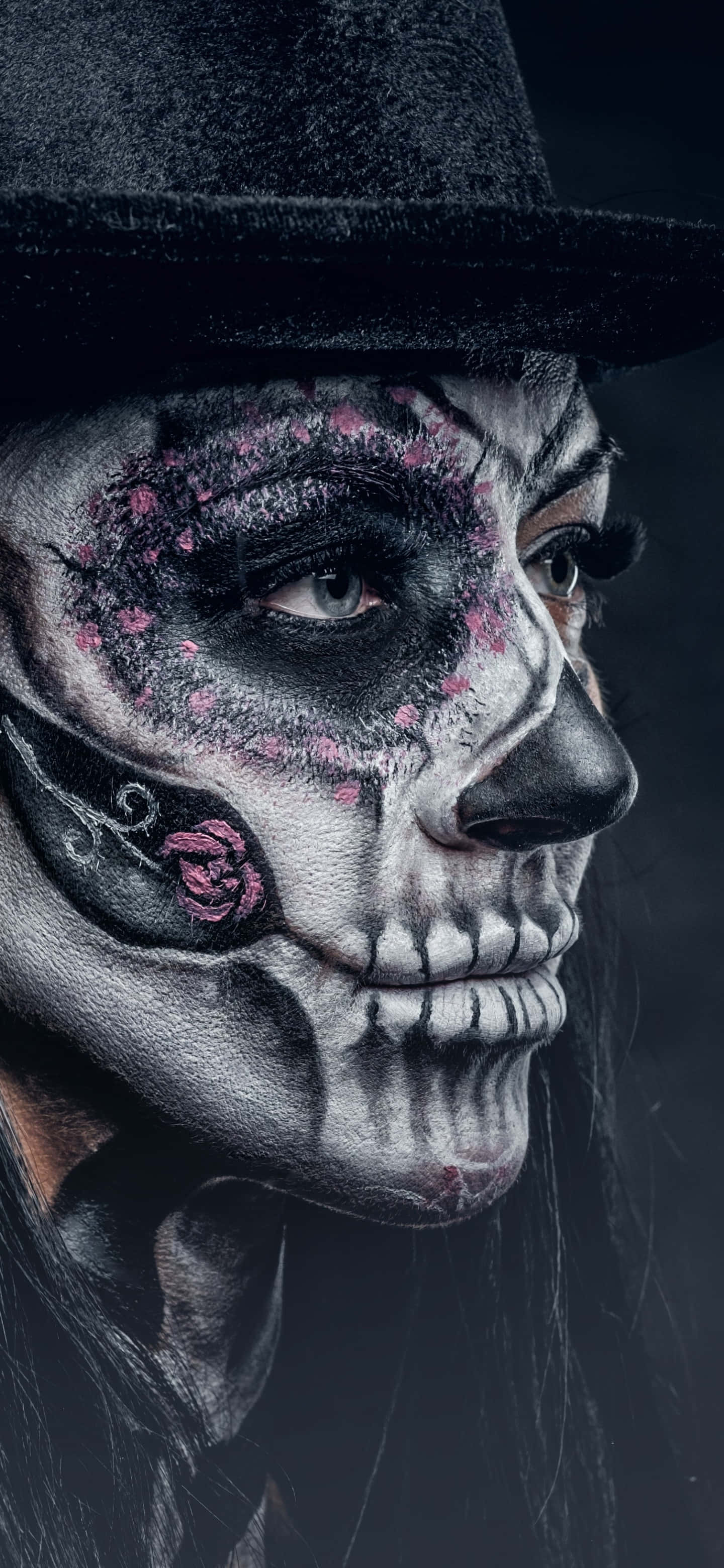 skull phone, sugar skull makeup, black hat, 2K Phone Wallpaper