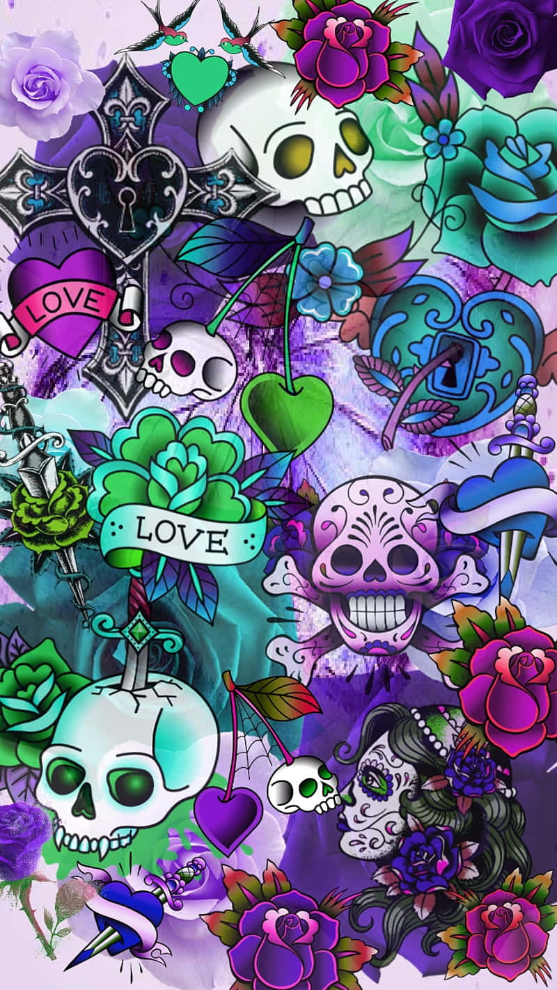 Skull Phone, purple, teal, HD Phone Wallpaper