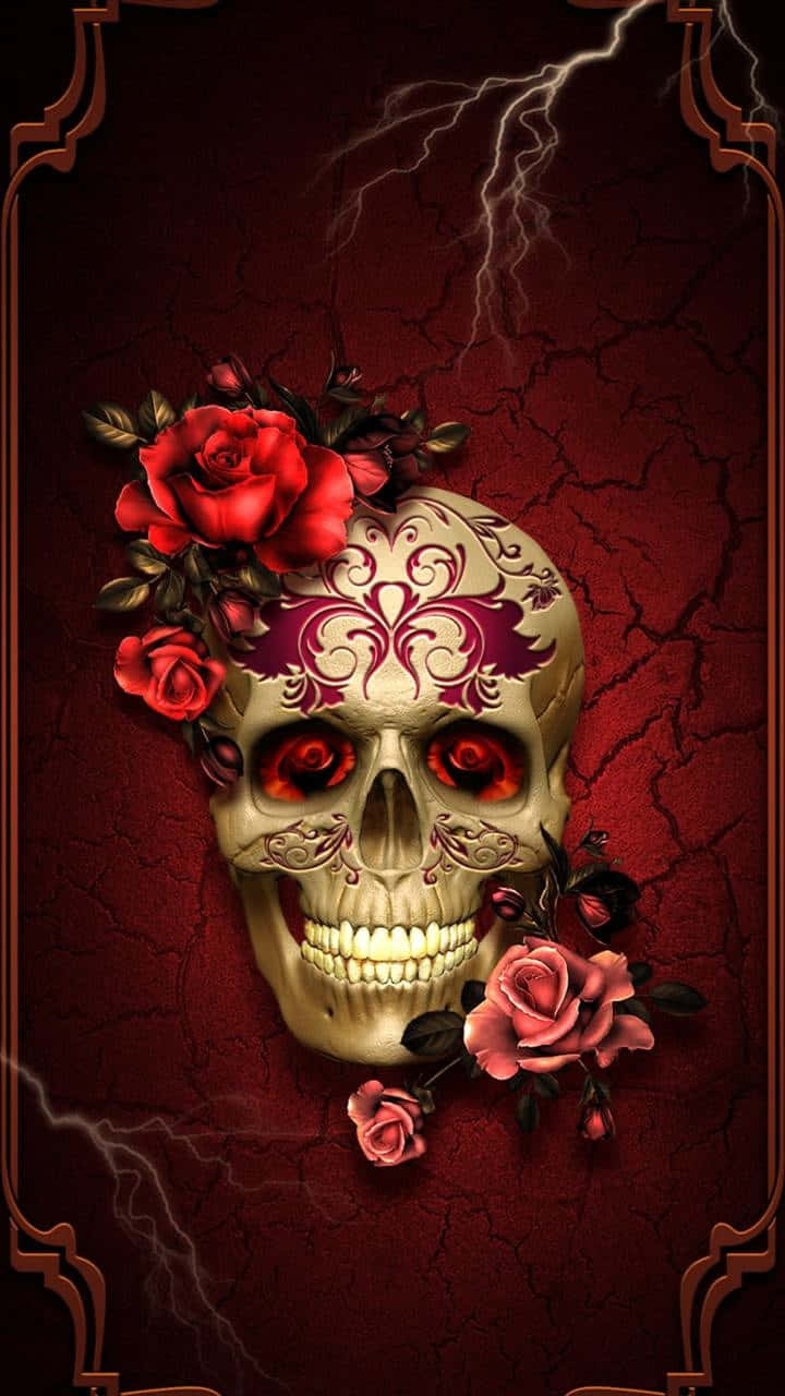 skull phone, red roses, lightning bolts, HD Phone Wallpaper