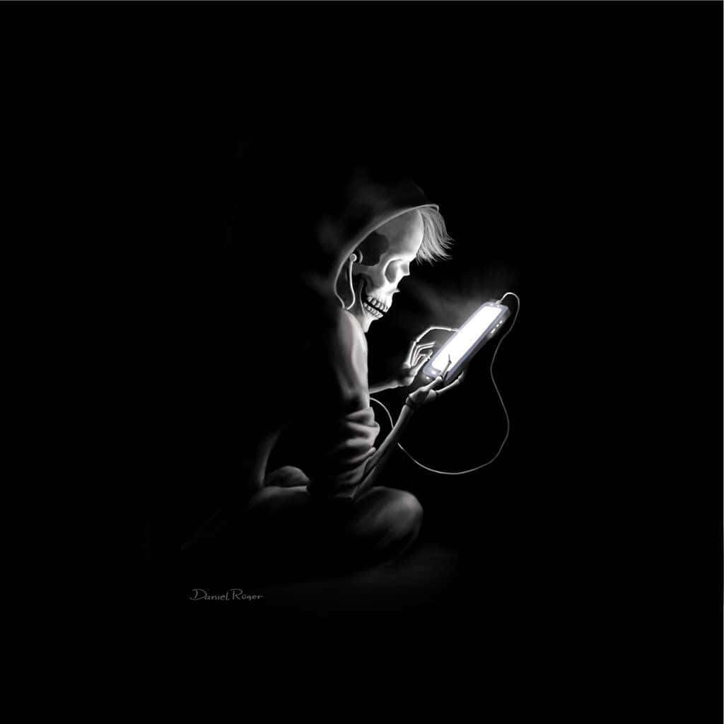 Skull With Phone Addiction, hooded skeletal figure, glowing phone screen, SD Desktop Wallpaper