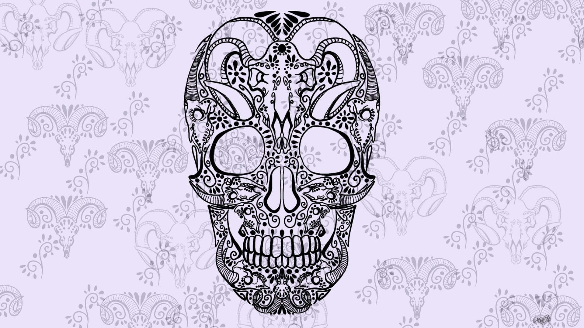 sugar skull, ram horns, lavender background, Full HD Desktop Wallpaper