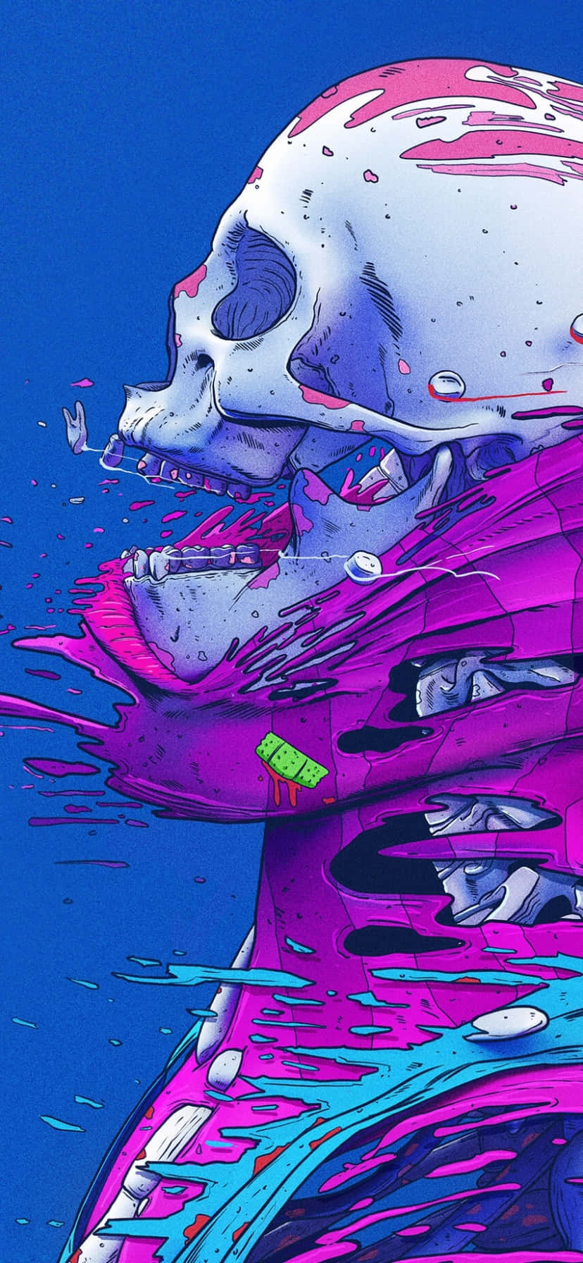 skull phone, pink and blue paint splatters, solid blue background, HD Phone Wallpaper