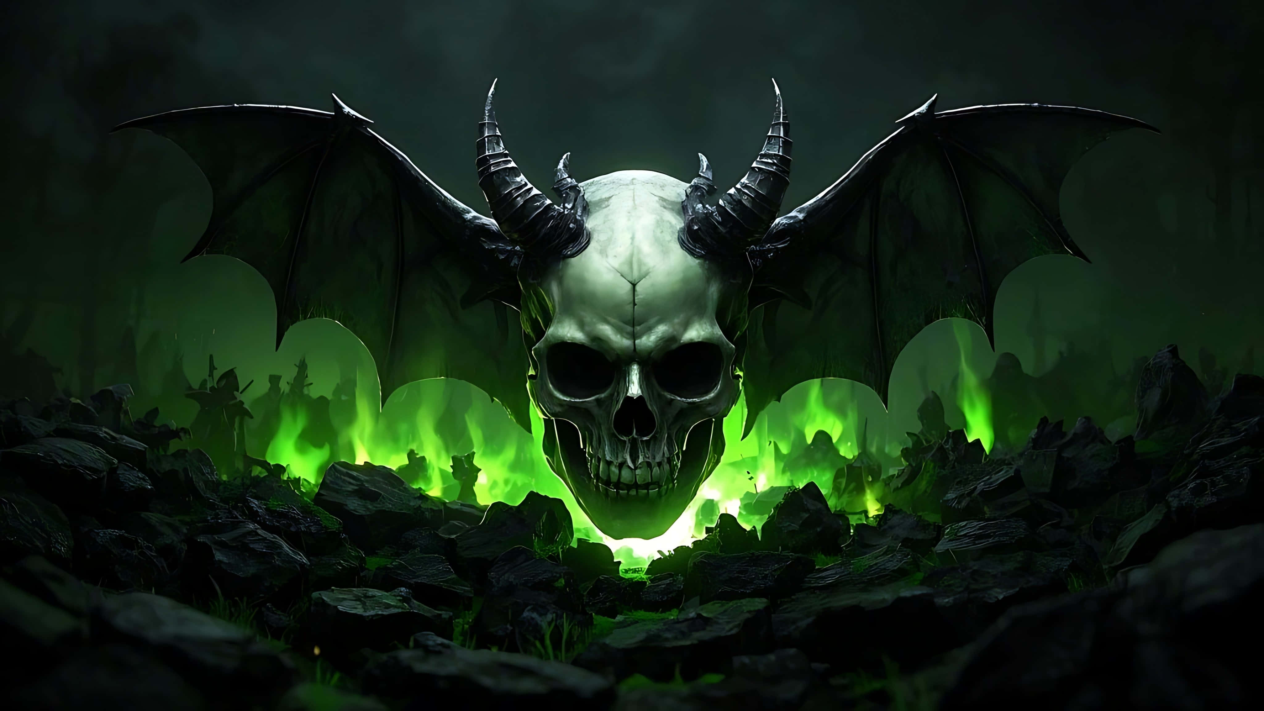skull, devil horns, burning shadows, 4K Desktop Wallpaper