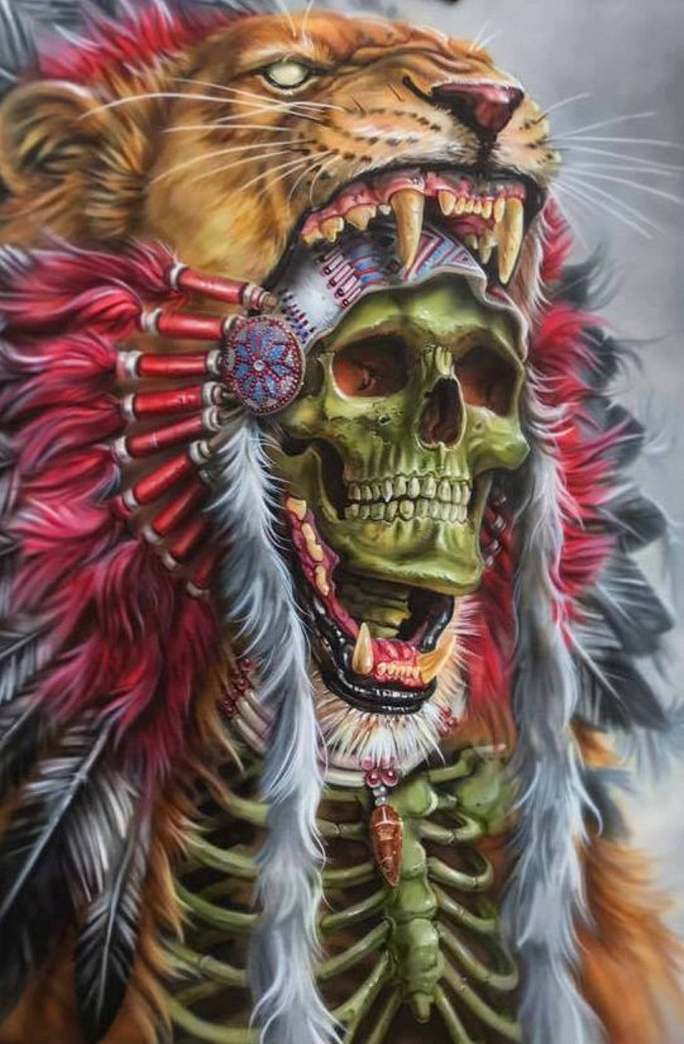 Native American lion skeleton, lion-headed warrior, green skull, Full HD Phone Wallpaper