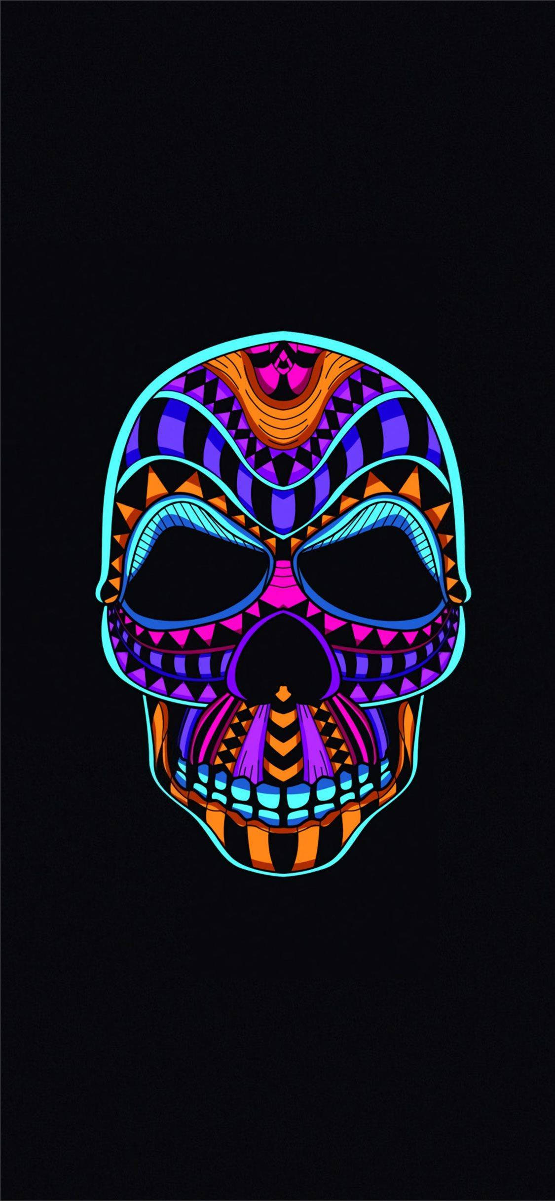 neon skull, geometric patterns, OLED display, Full HD Phone Wallpaper