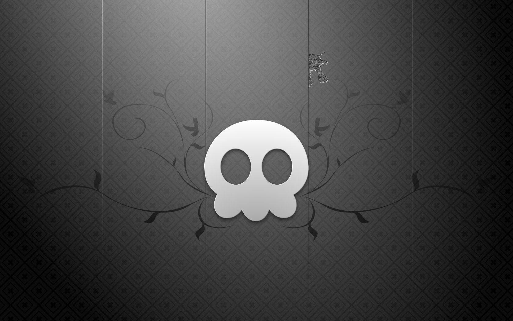 white skull, dark gray patterned background, floral swirls, HD Desktop Wallpaper