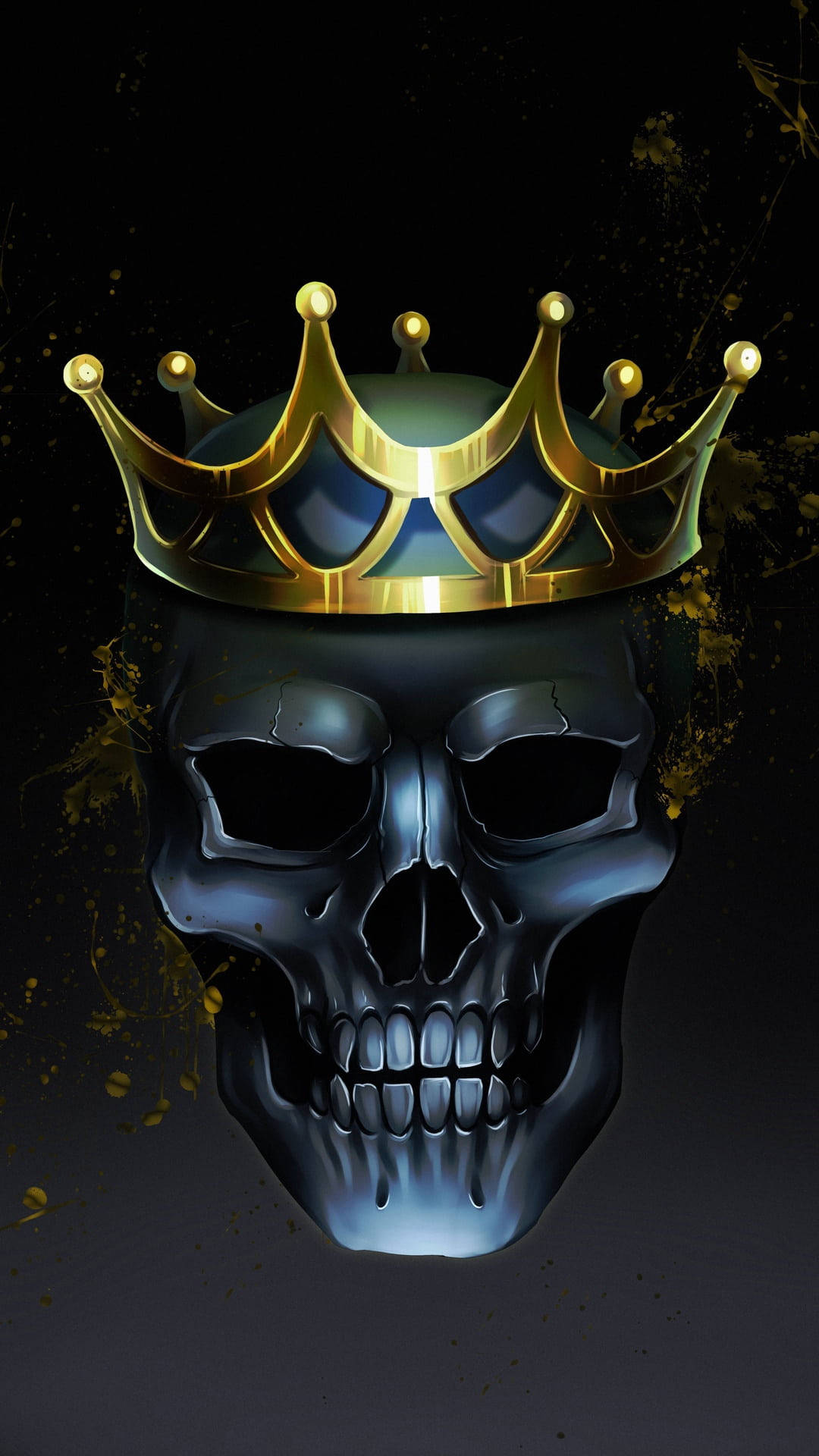 black gangster skull, gold crown, glossy black, Full HD Phone Wallpaper