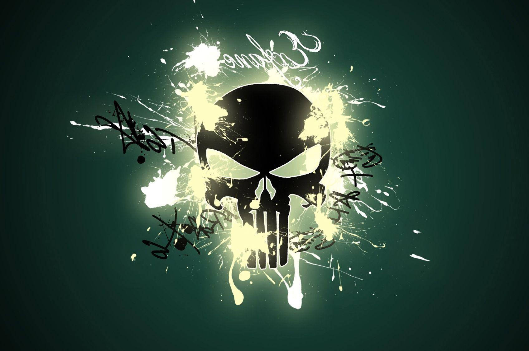black skull, white paint splatters, dark green background, HD Desktop Wallpaper