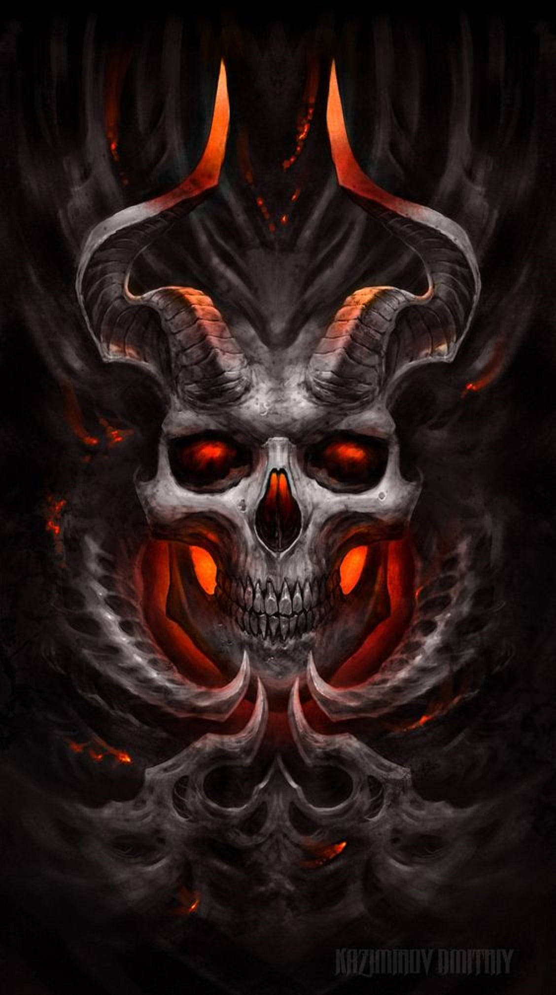 demonic horned skeleton, glowing red eyes, fiery horns, Full HD Phone Wallpaper