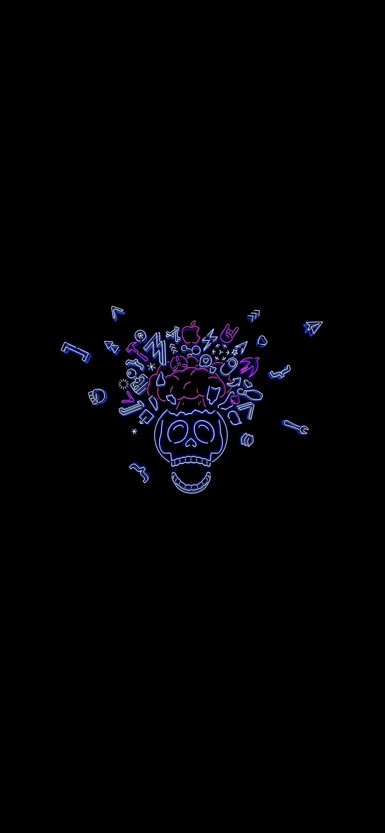 exploded skull, neon lights, colorful symbols, 2K Phone Wallpaper