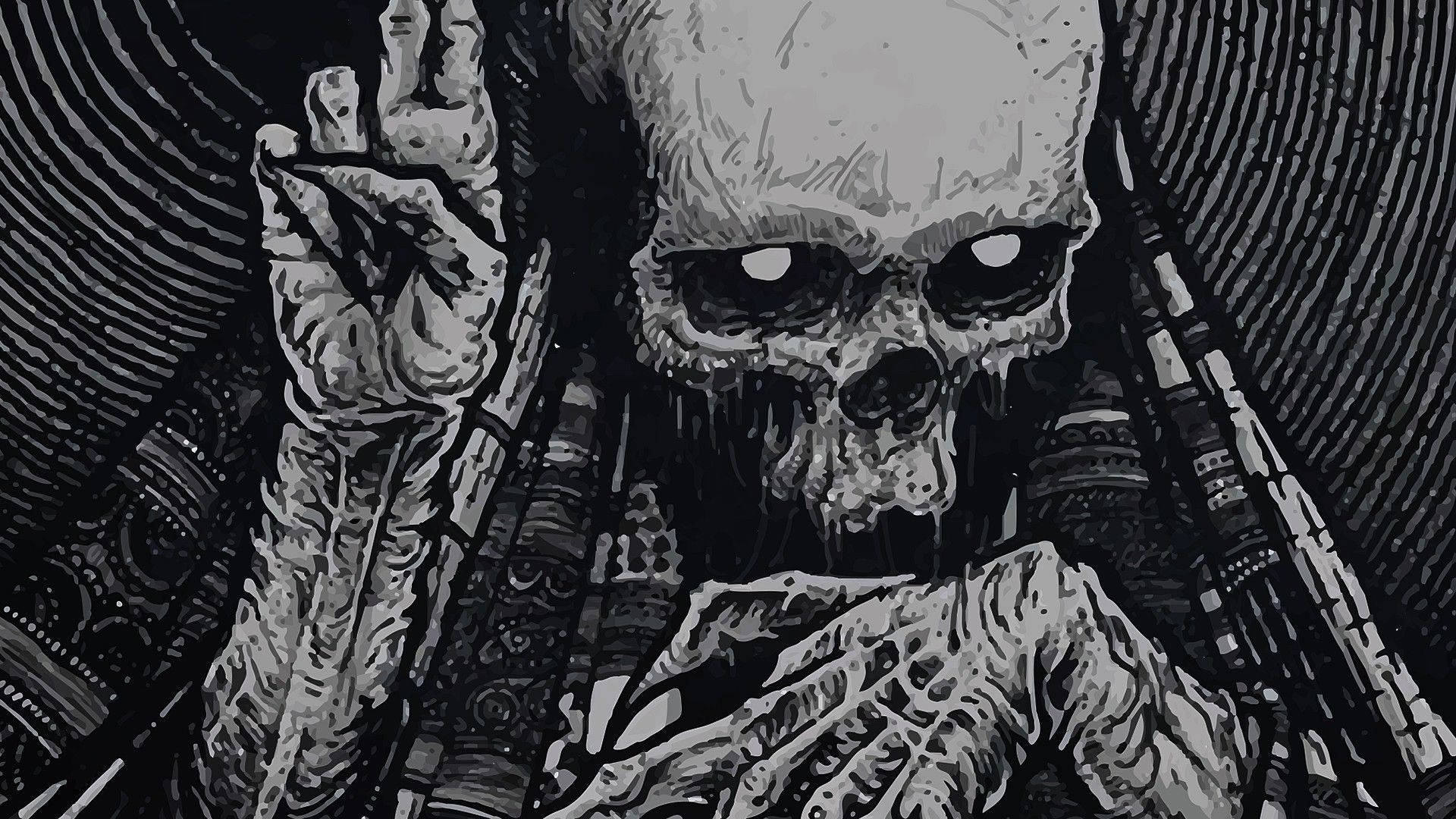 black and white skeleton, glowing eyes, weapon, Full HD Desktop Wallpaper