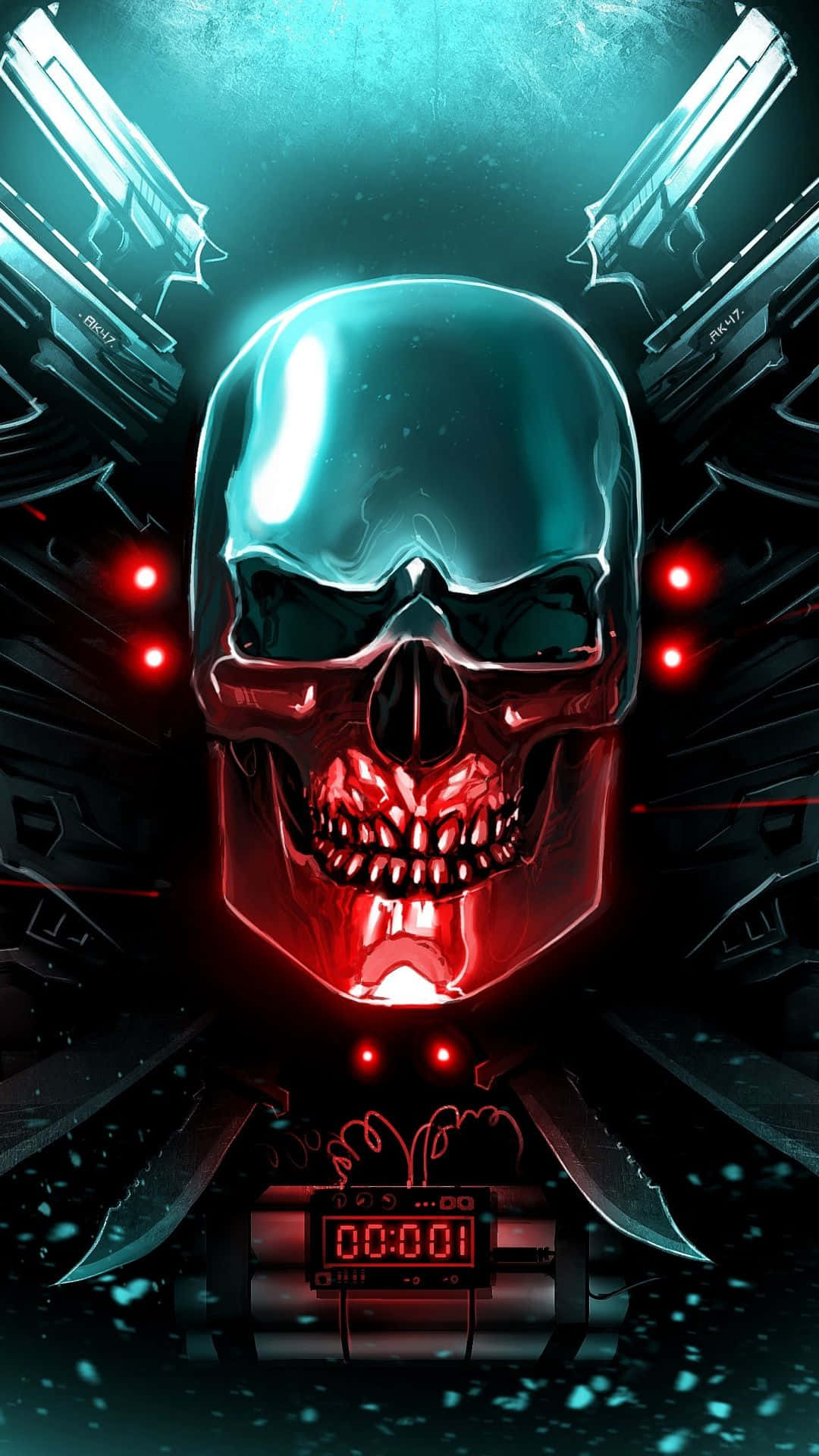 skull and crossbones, cyberpunk skull, red eyes, Full HD Phone Wallpaper