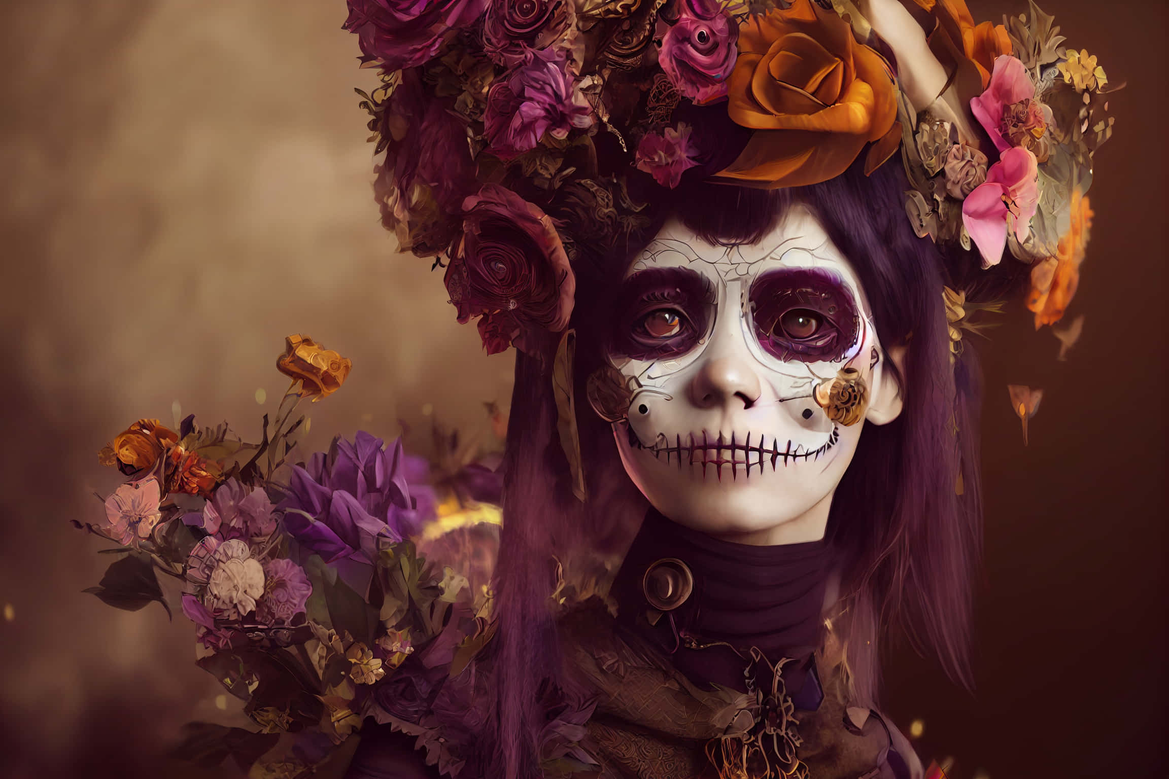 la calavera, sugar skull makeup, floral crown, Full HD Desktop Wallpaper