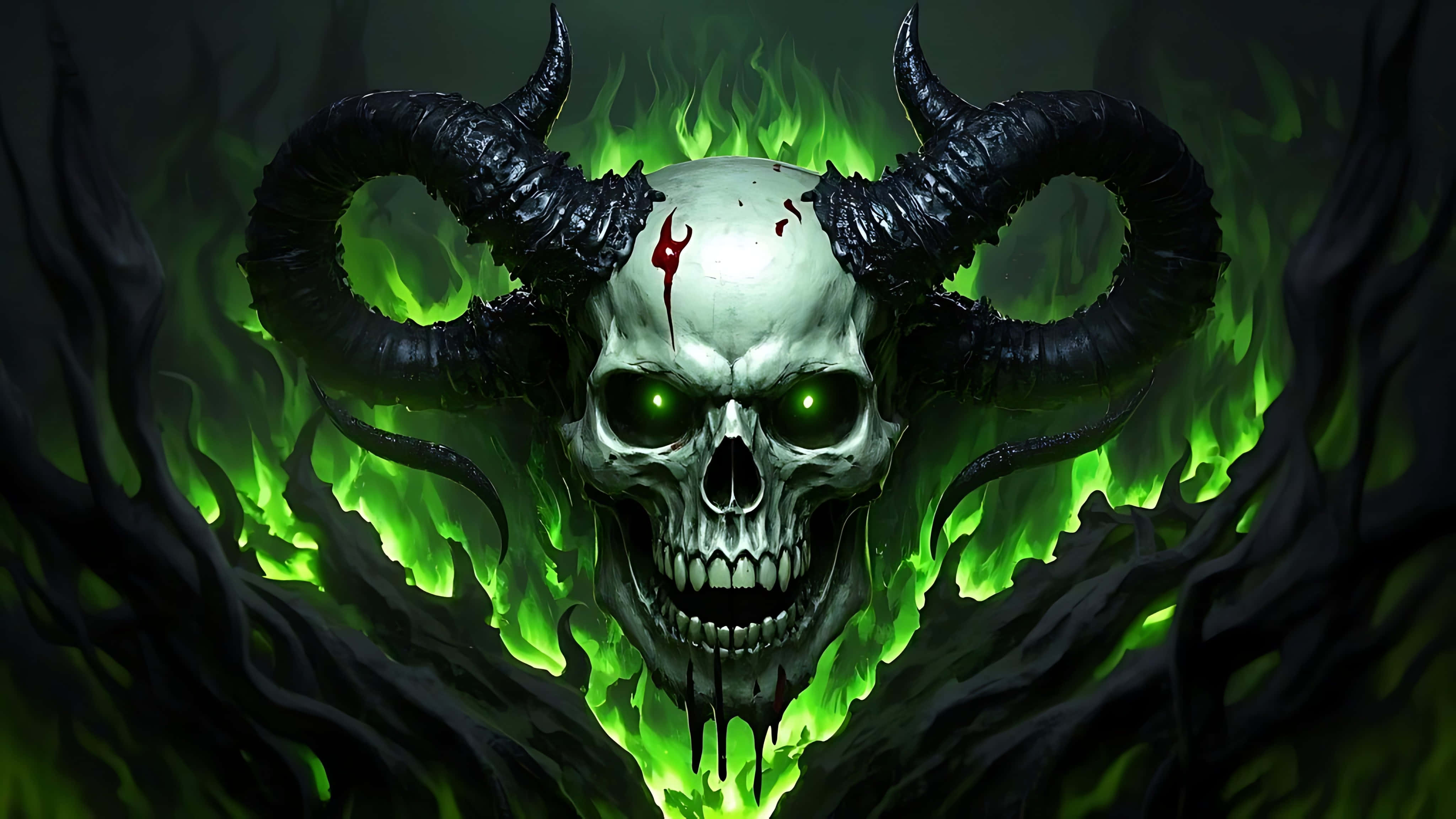 skull, devil horns, burning shadows, 4K Desktop Wallpaper