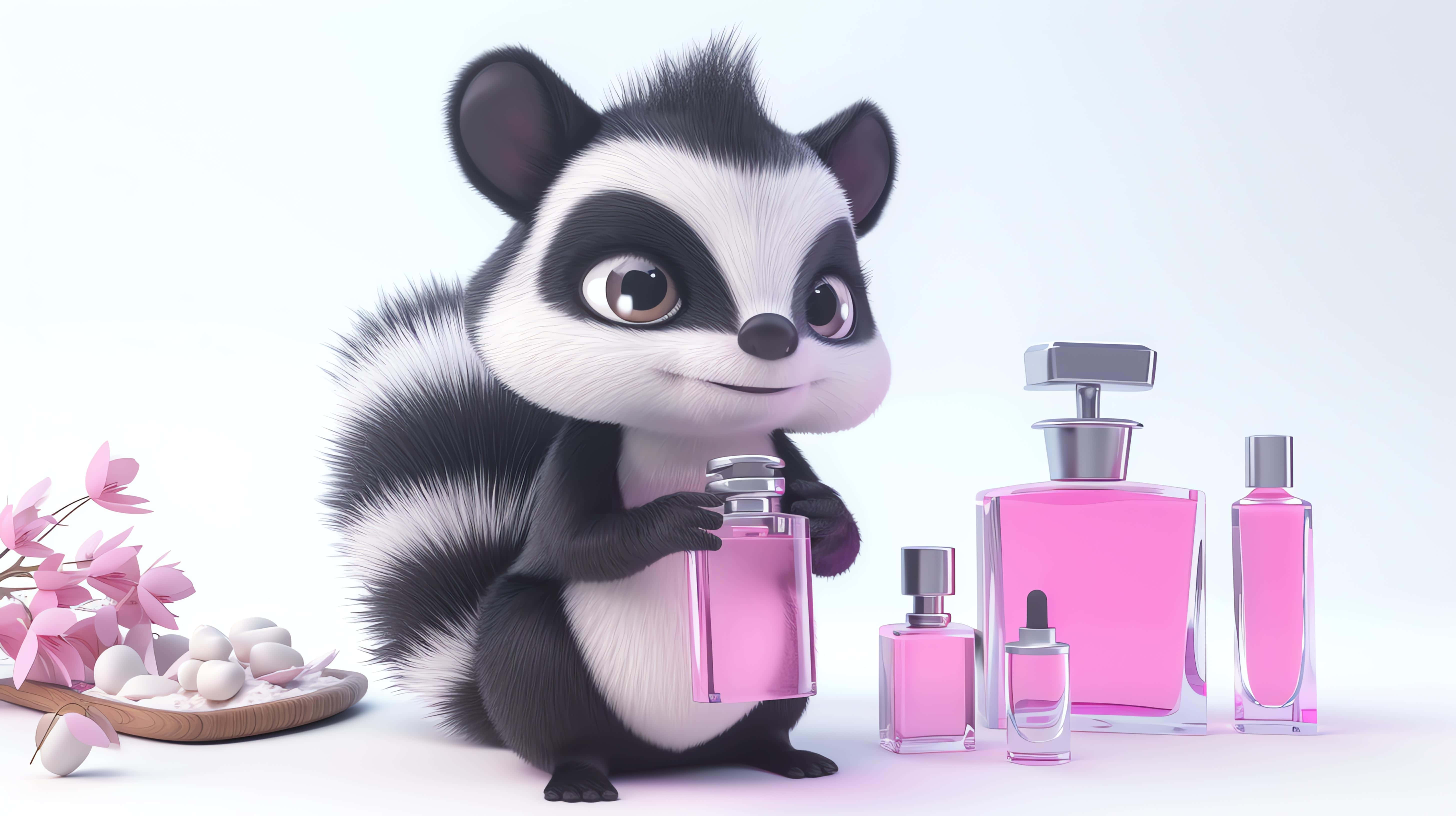 animated skunk, pink perfume bottle, fragrances, 5K Desktop Wallpaper