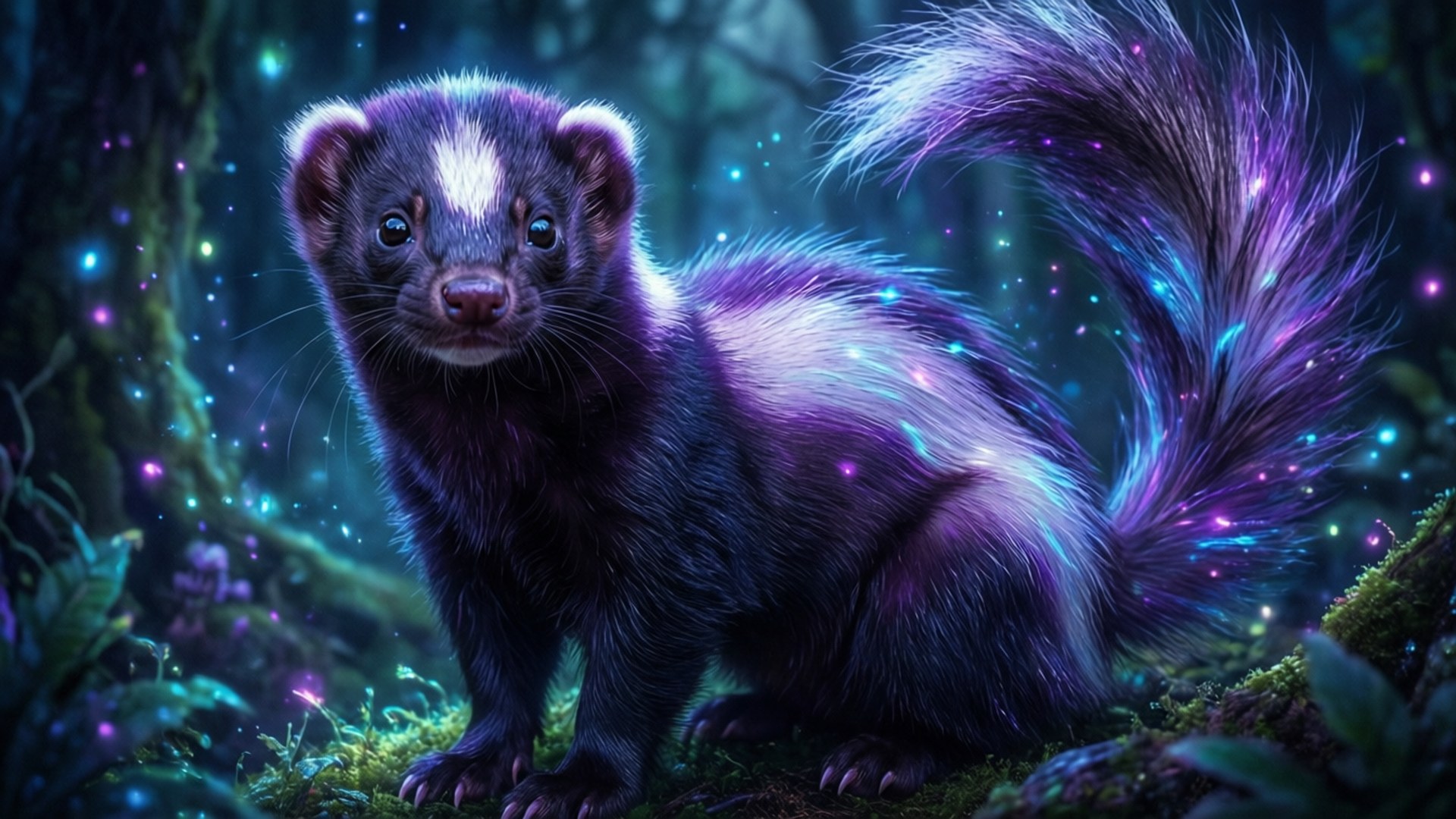 Mystical Glowing Skunk, glowing purple and blue, sparkling fur, Full HD Desktop Wallpaper