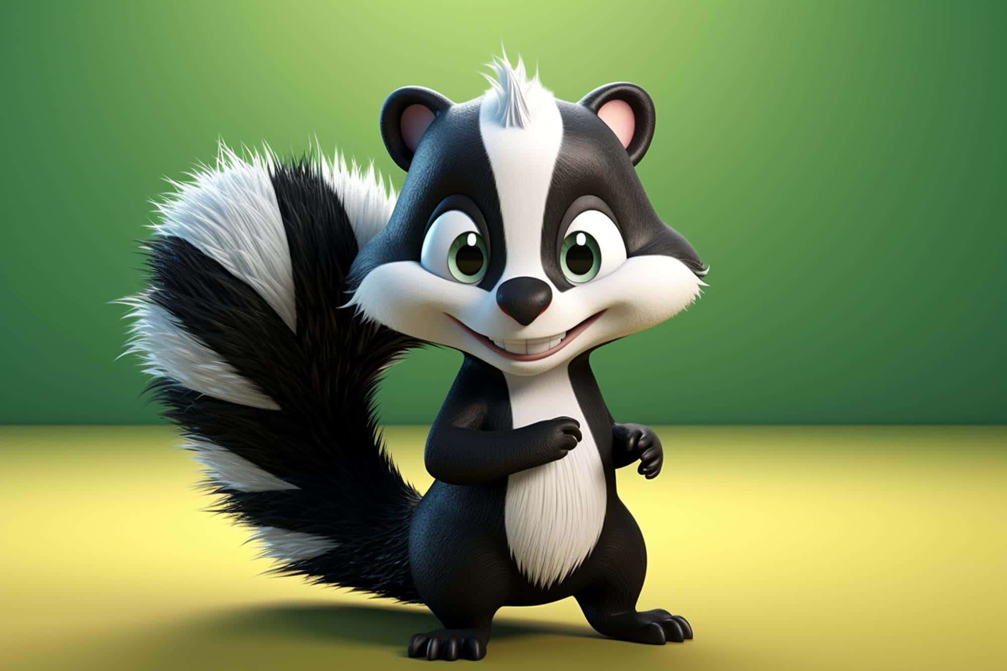 animated smiling skunk, cartoon skunk, big green eyes, Full HD Desktop Wallpaper