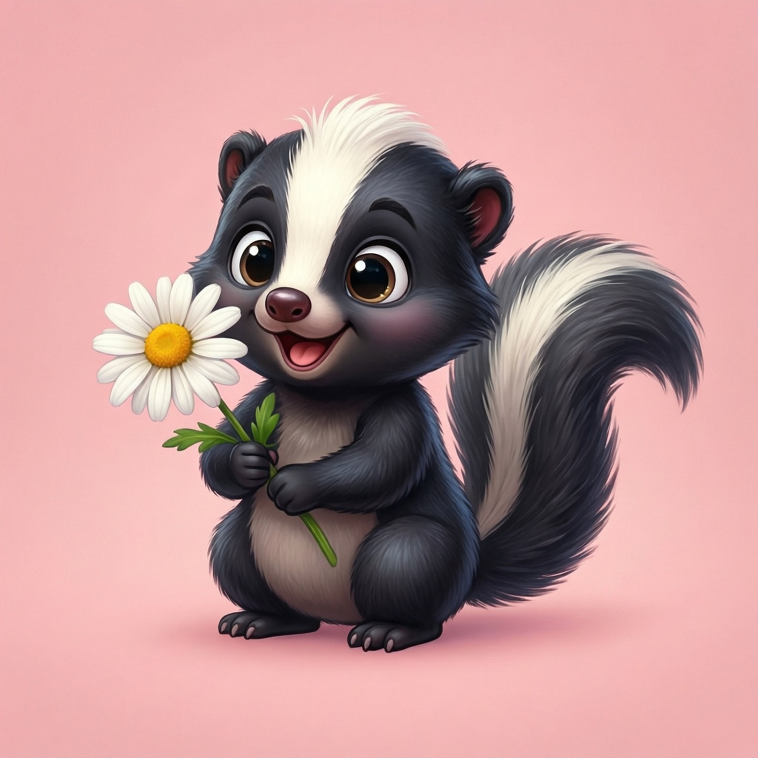 cartoon skunk, white stripe, daisy, HD Desktop Wallpaper