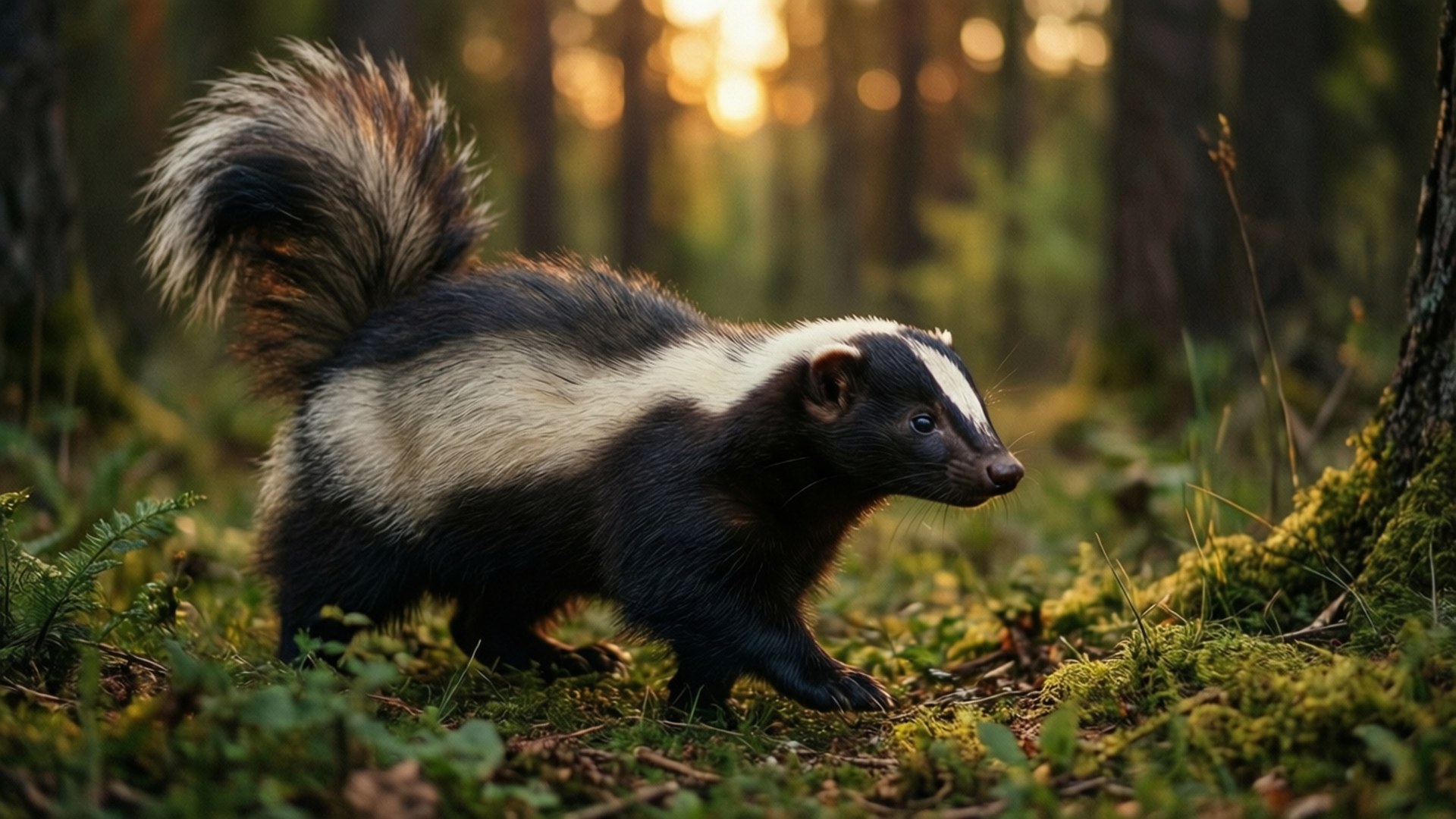 forest skunk, dusk, mossy forest floor, Full HD Desktop Wallpaper