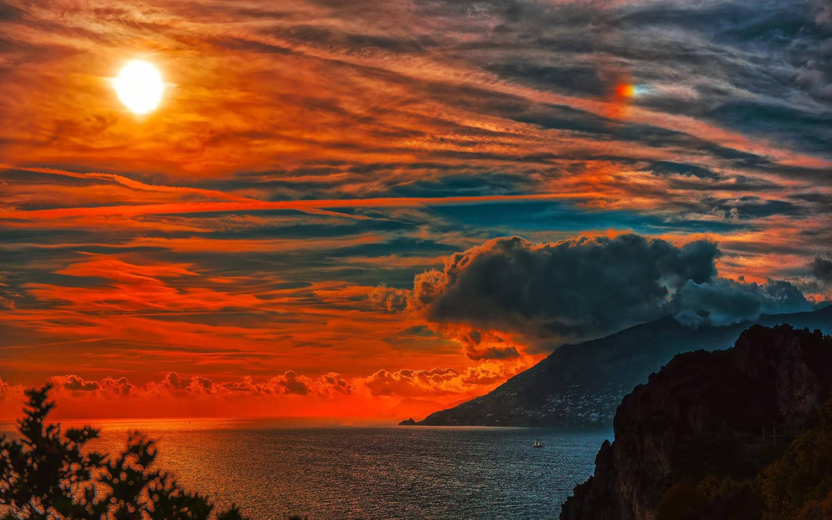 orange sunset, vivid orange and red hues, calm sea, HD Desktop Wallpaper