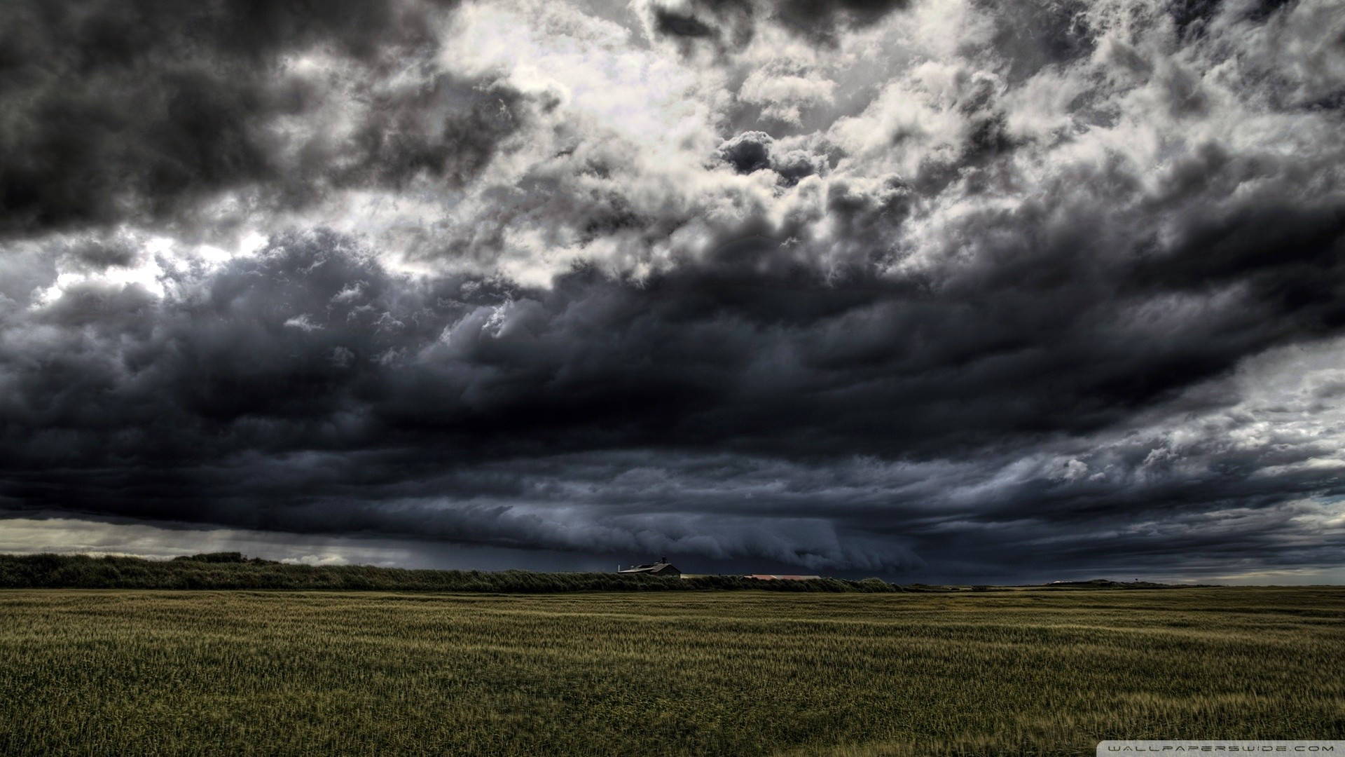 Sky HD, dark clouds, vast green field, Full HD Desktop Wallpaper