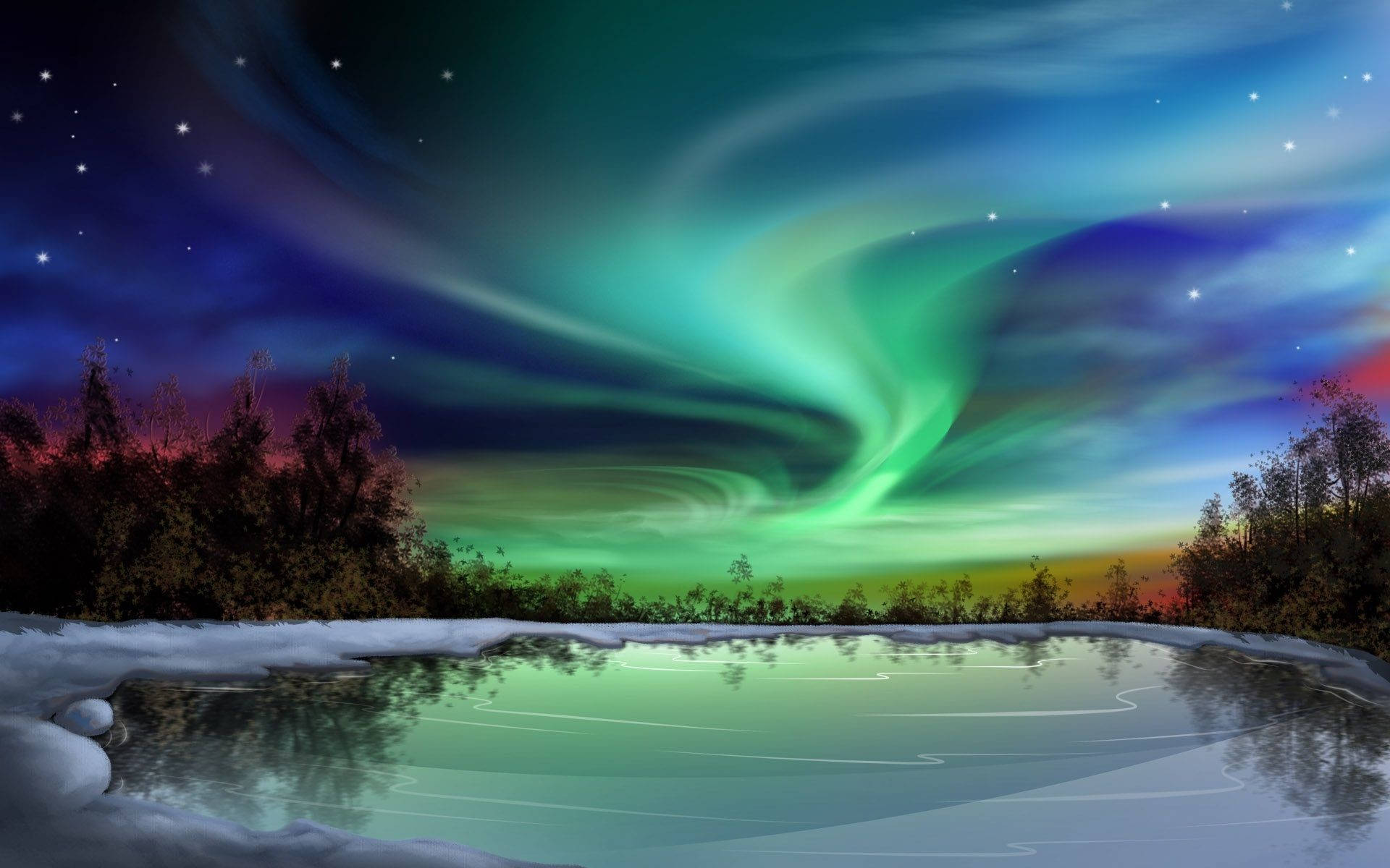 aurora borealis, frozen pond, snowy winter forest, Full HD Desktop Wallpaper