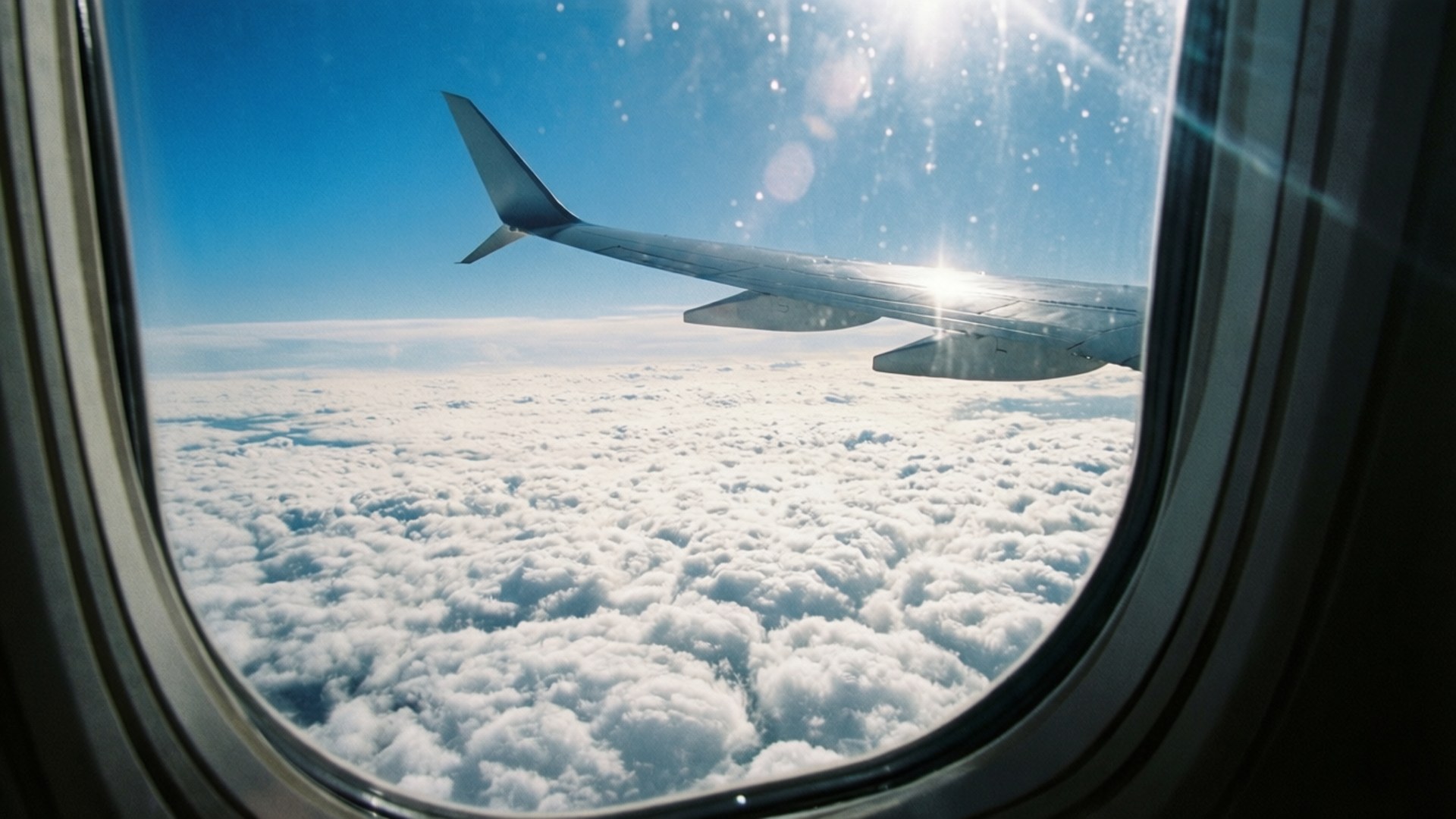 airplane wing, fluffy white clouds, clear blue sky, Full HD Desktop Wallpaper
