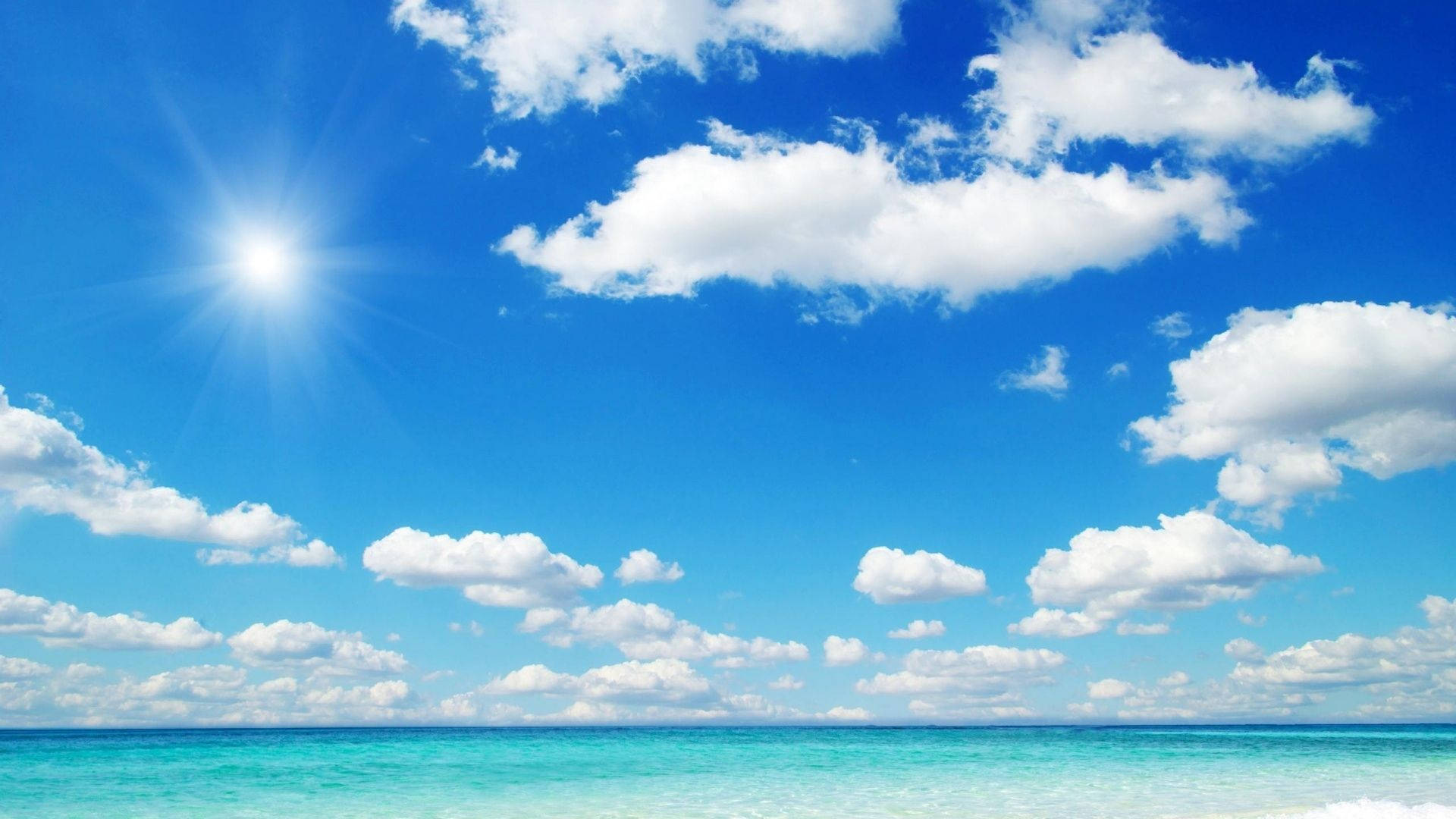 turquoise ocean, brilliant blue sky, fluffy white clouds, Full HD Desktop Wallpaper