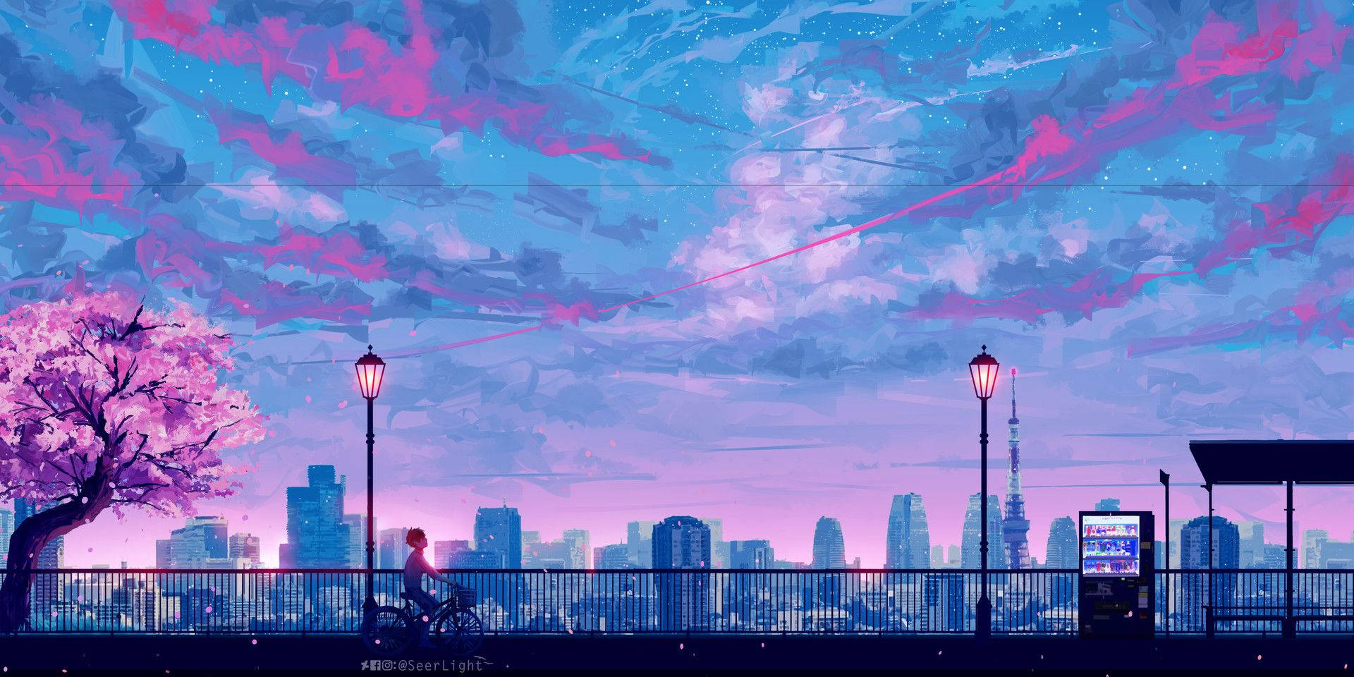 cherry blossom tree, vibrant pink and blue twilight sky, futuristic cityscape, Full HD Desktop Wallpaper