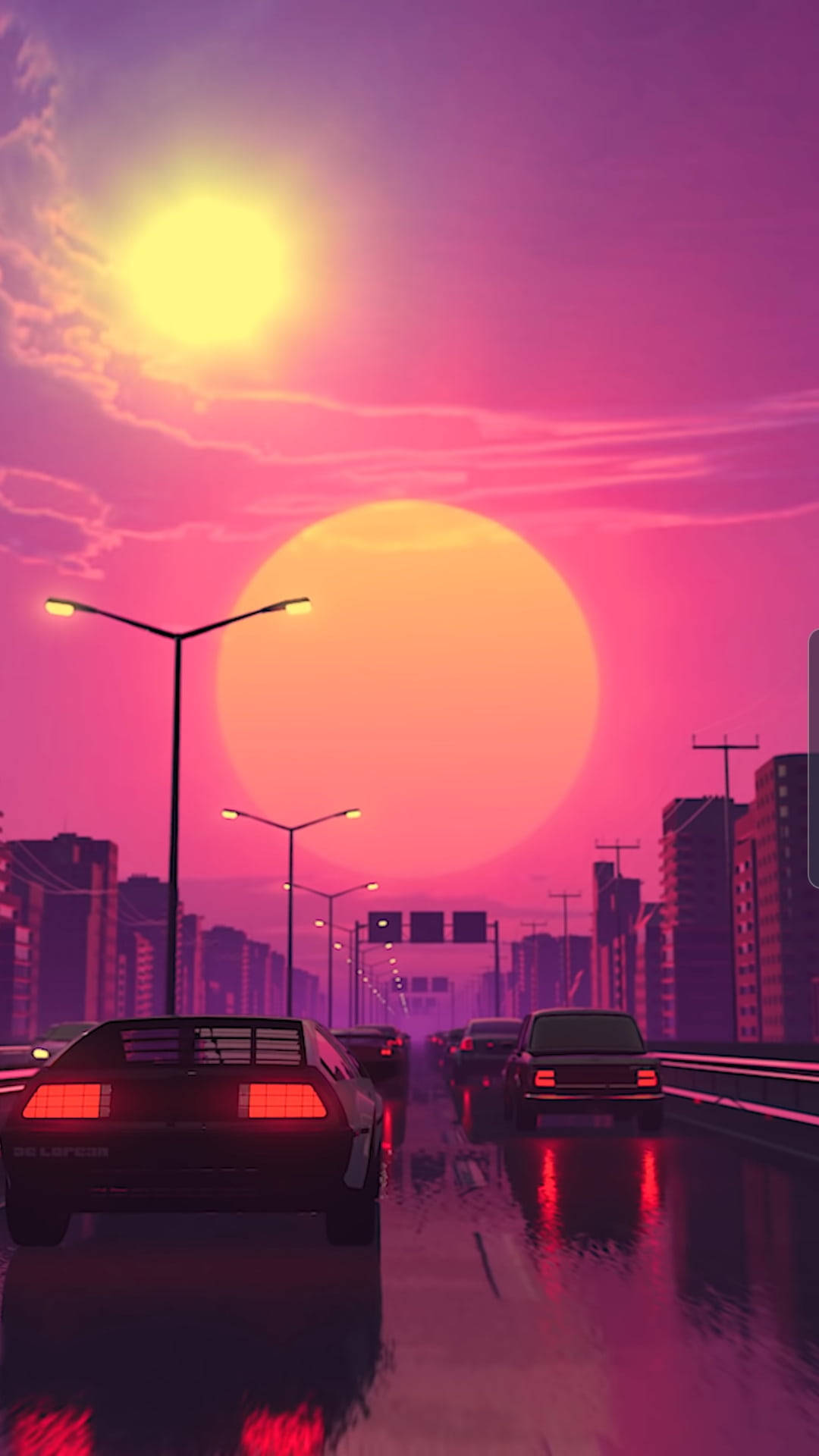 purple aesthetic, sunset, cars, Full HD Phone Wallpaper