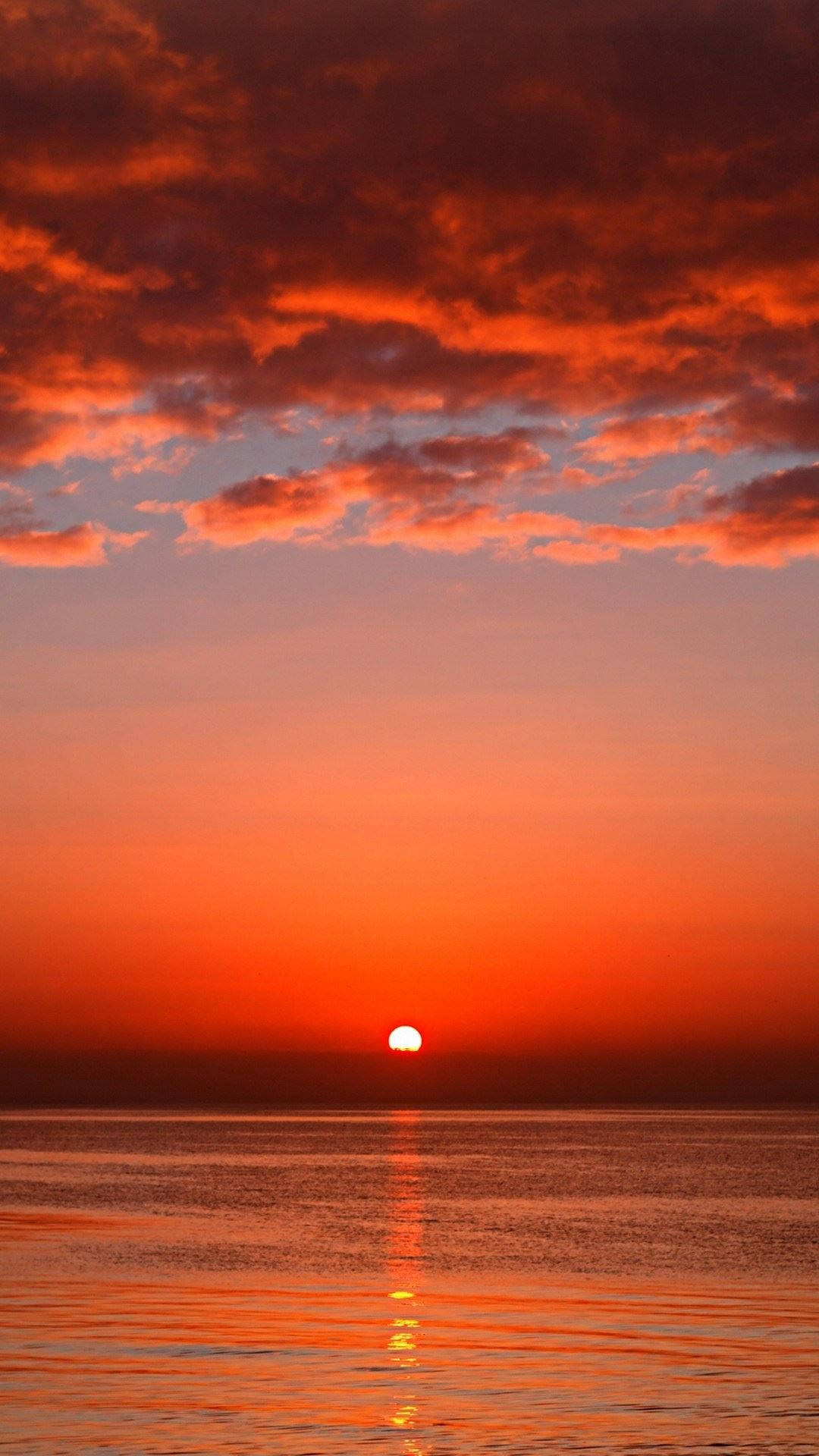 red sunset, calm sea, vibrant red clouds, Full HD Phone Wallpaper