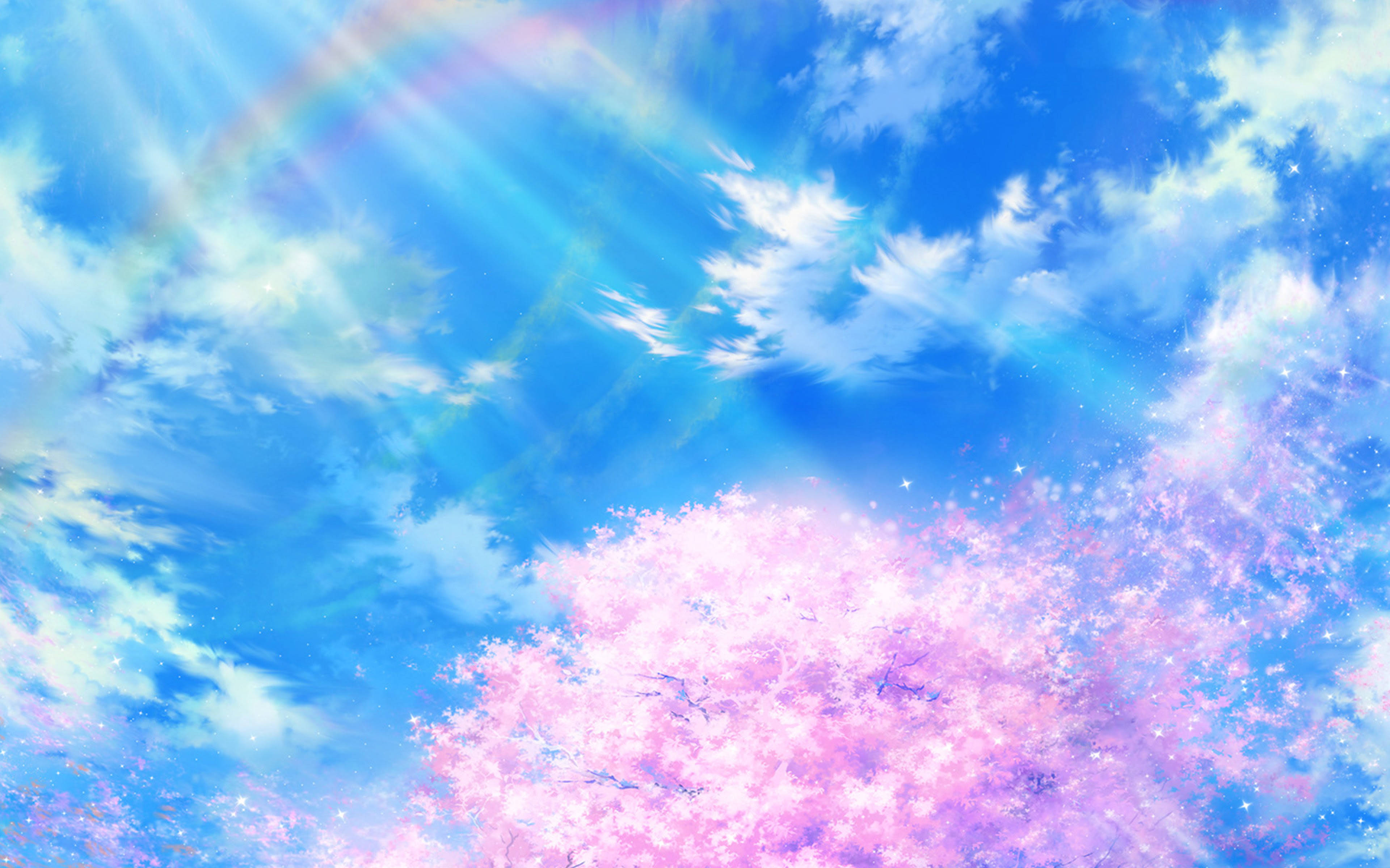 anime-style cherry blossom tree, radiant blue sky, sunbeams, 4K Desktop Wallpaper