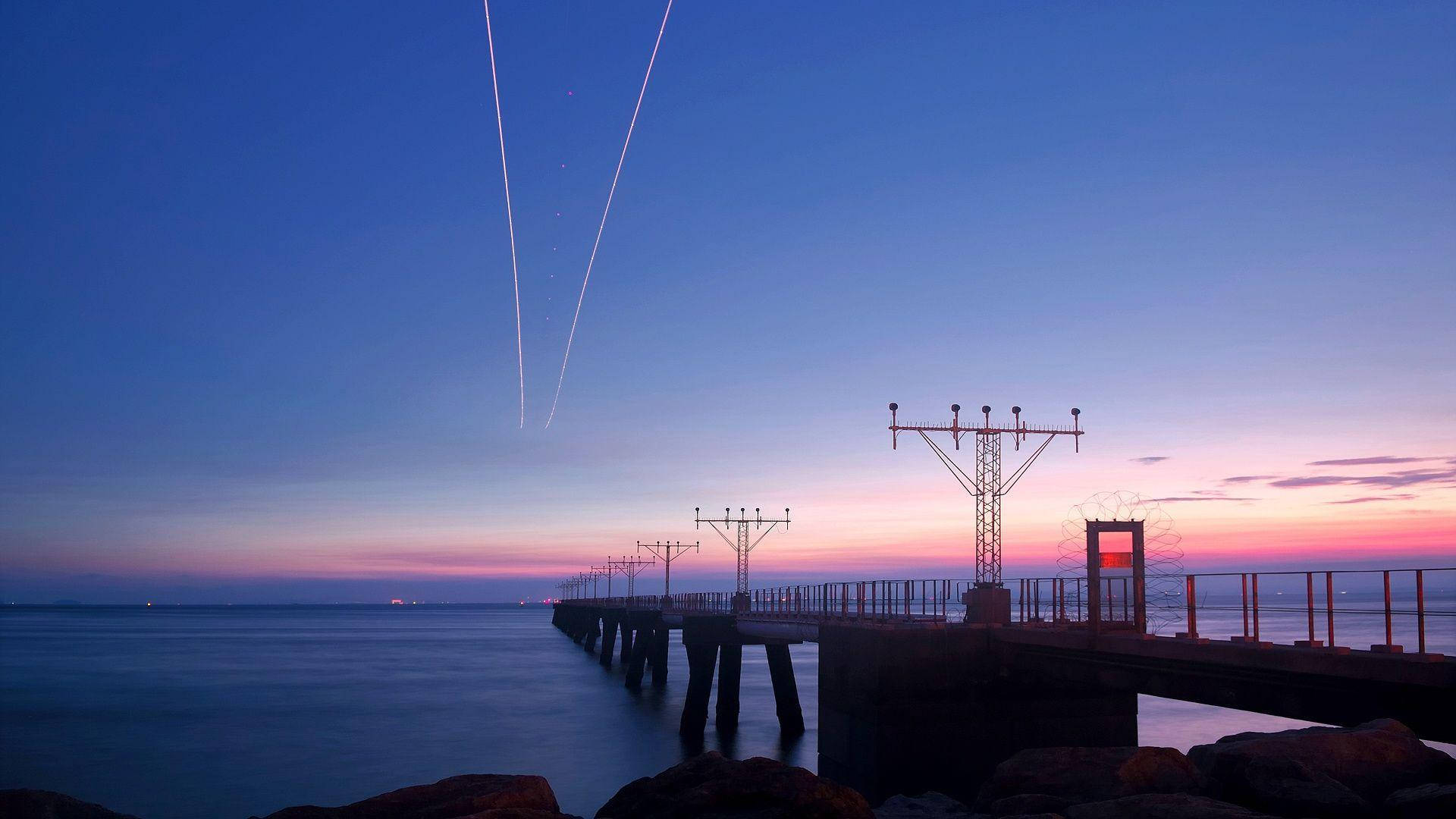 long pier, calm waters, twilight, Full HD Desktop Wallpaper