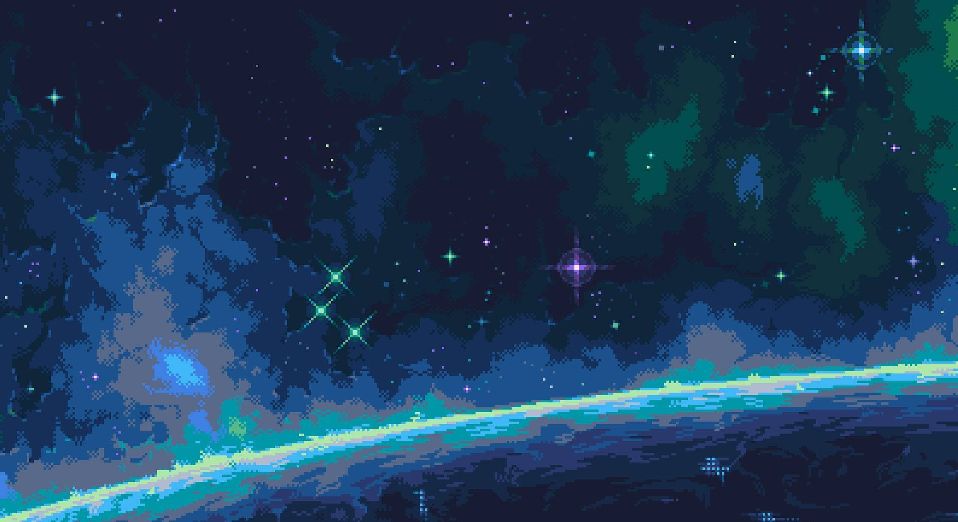 pixel art, glowing cosmic horizon, vibrant stars, HD Desktop Wallpaper