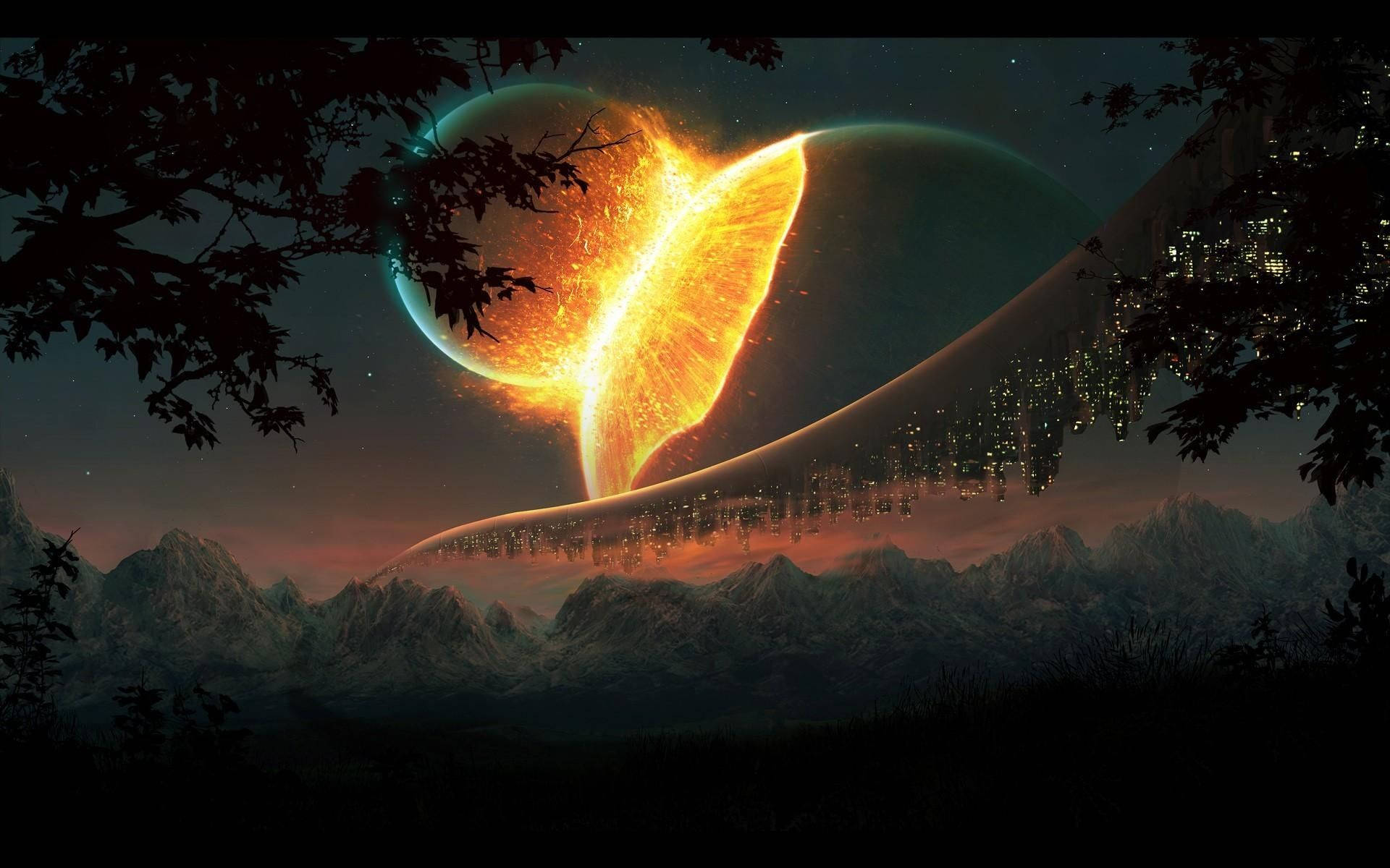 glowing orange planet, twilight sky, snow-capped mountains, Full HD Desktop Wallpaper