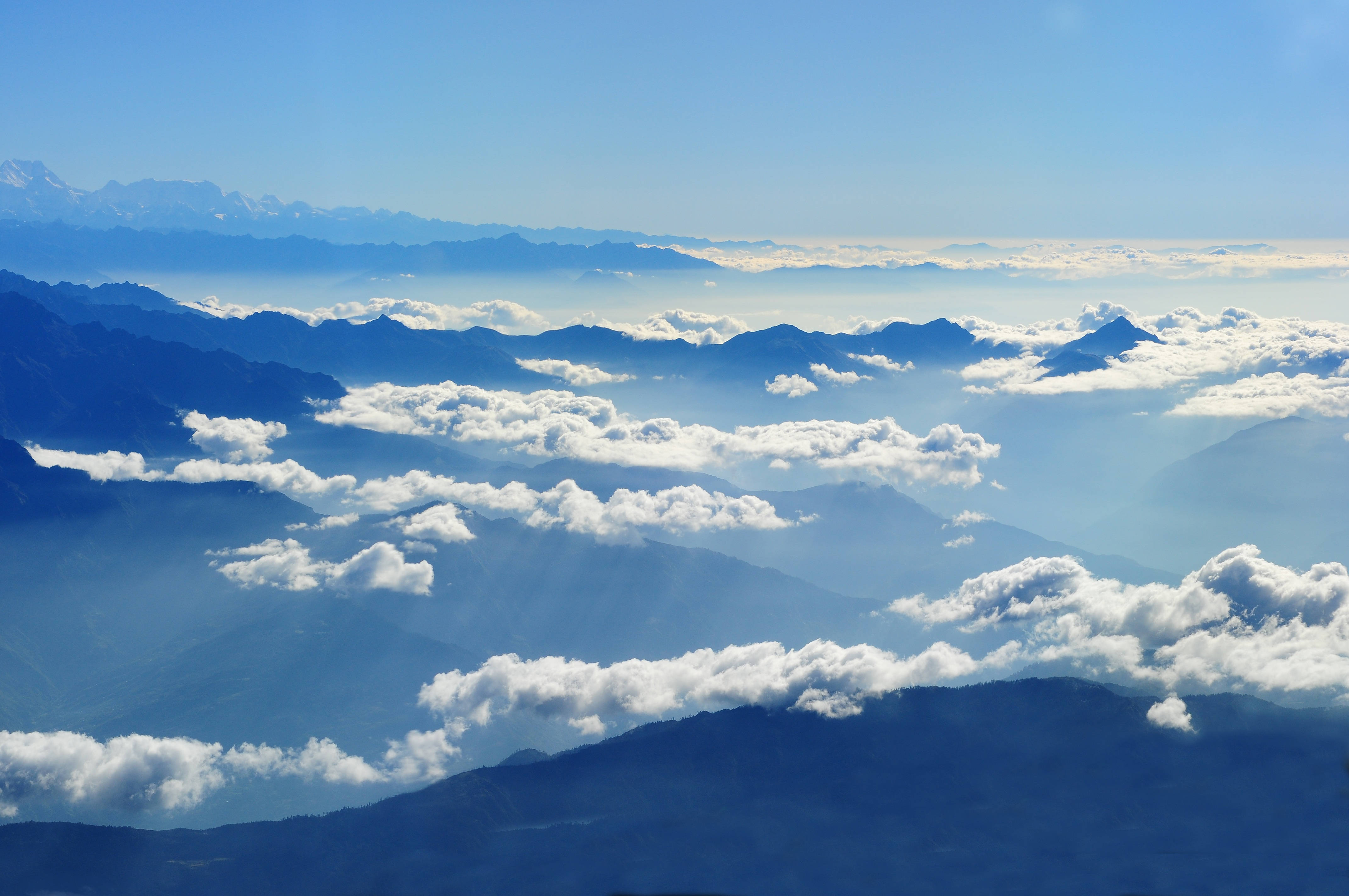 mountains, cloudy sky, fluffy white clouds, 4K Desktop Wallpaper